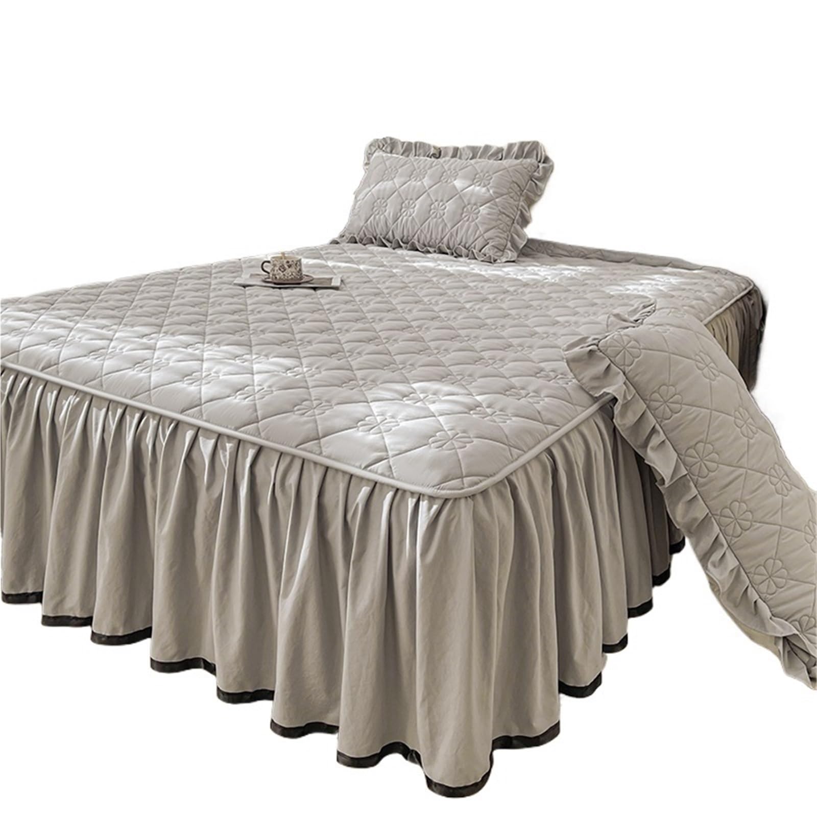 Ruffled Bedspread Quilted Bed Skirt Thicken Bedspread Ruffles Cover Single/Queen/King Size Mattress Protector Linen (No Pillowcase)(Color1,King 180x200cm 1pc)