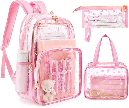Eccliy 3 Pcs Clear Backpack Set for Girls, Heavy Duty 17 Inch Transparent School Backpack with Lunch Bag and Pencil CasePink,Heart