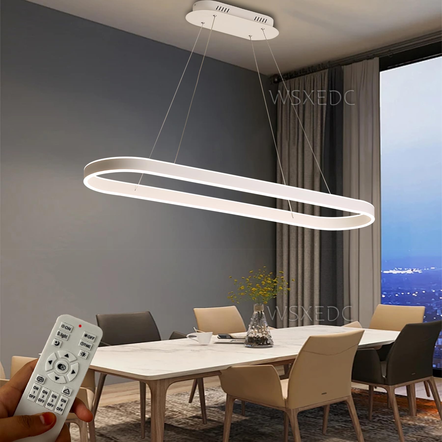 WSXEDC Dimmable LED Pendant Lights Oval Dining Table lamp Modern Dining Room Chandelier Remote Controls Height Adjustable Lighting Studio Hanging lamp Office Ring Living Room lamp (White, L100cm 90W)