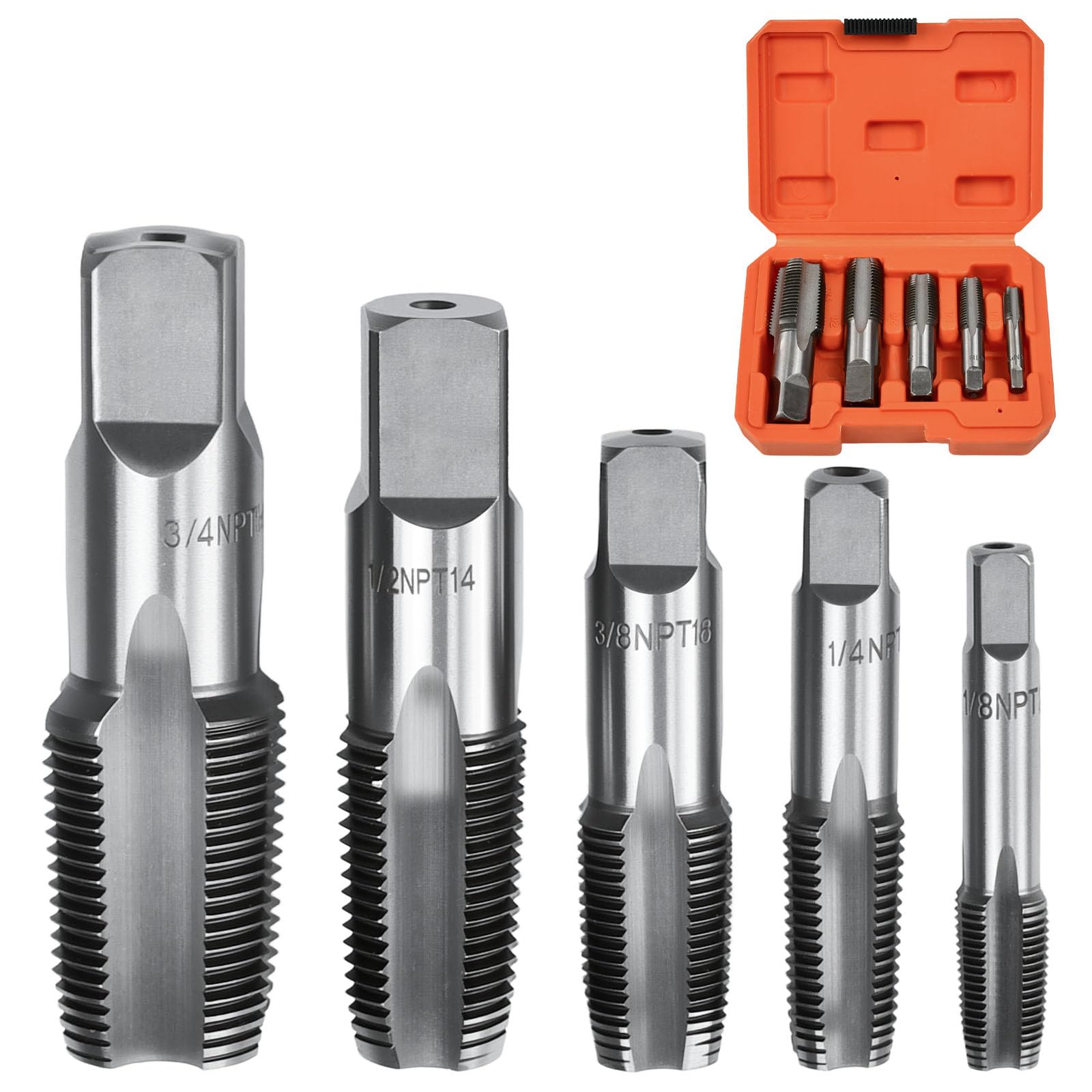 Tarauds à Fileter | Taraud NPT | Jeu de 5 Tarauds à Tuyauterie Acier au Carbone | 1/8" 1/4" 3/8" 1/2" 3/4" | pour Filetage Gaz Plomberie Mécanique