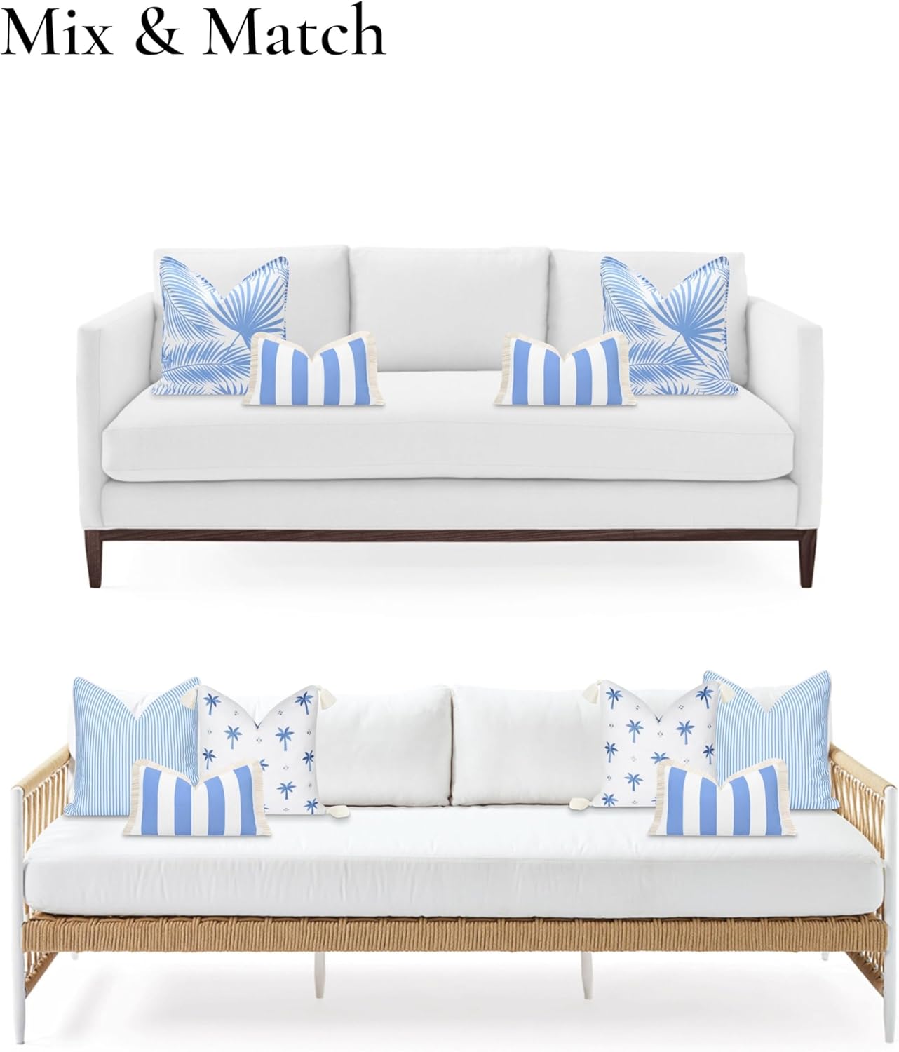 Hofdeco Premium Coastal Patio Indoor Outdoor Lumbar Pillow Cover Only, 12"x20" Water Repellent for Backyard, Couch, Cornflower Blue Stripe Fringe