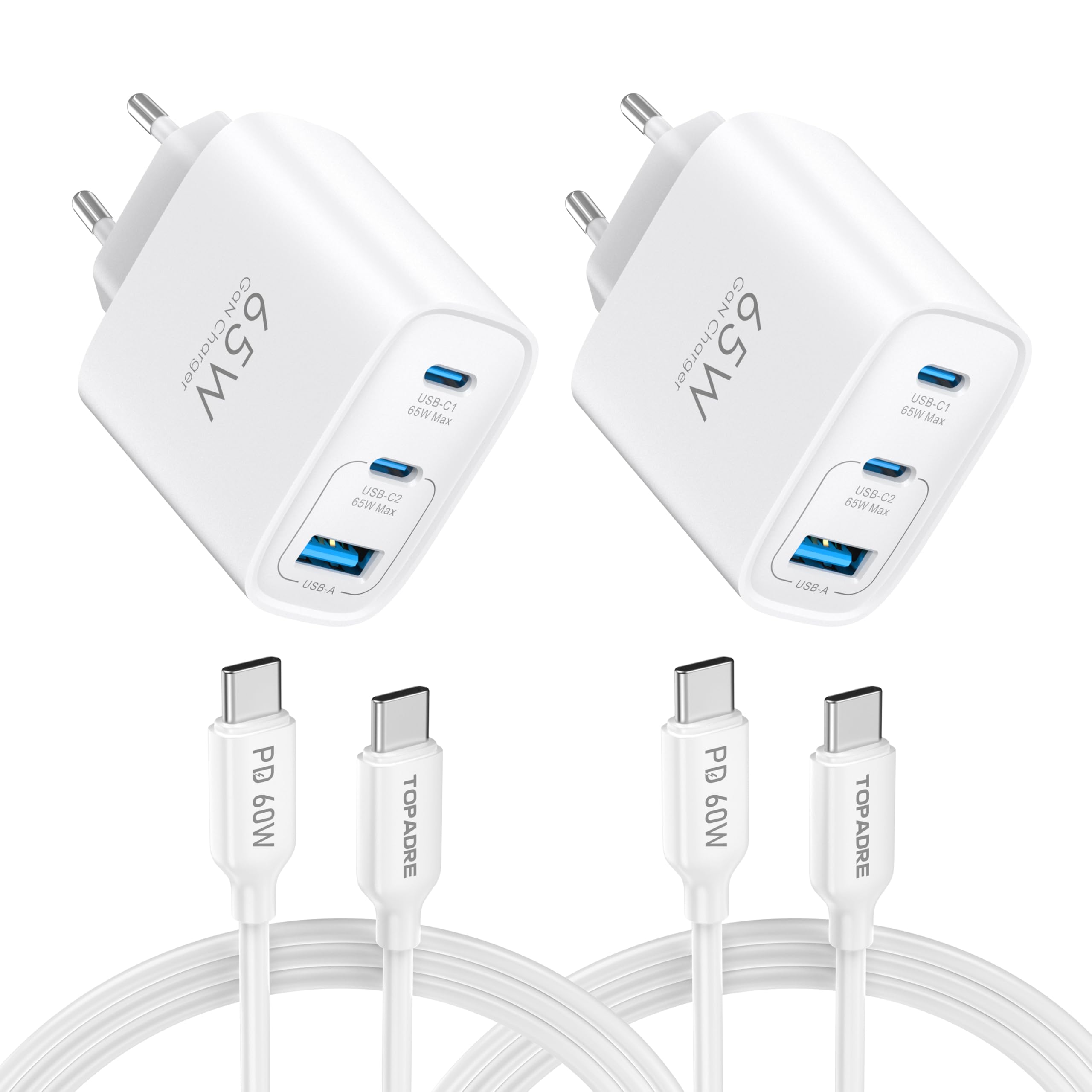 TOPADRE 65W USB C Ladegerät 2er-Pack mit 2m Kabel 3-Port Netzteil Weiß | USB C Schnellladegerät Netzteil für MacBook Pro/Air, für iPad Pro, für iPhone 17/16/15, für Samsung Galaxy S25/S24 &amp; Pixel – Amazon Angebot