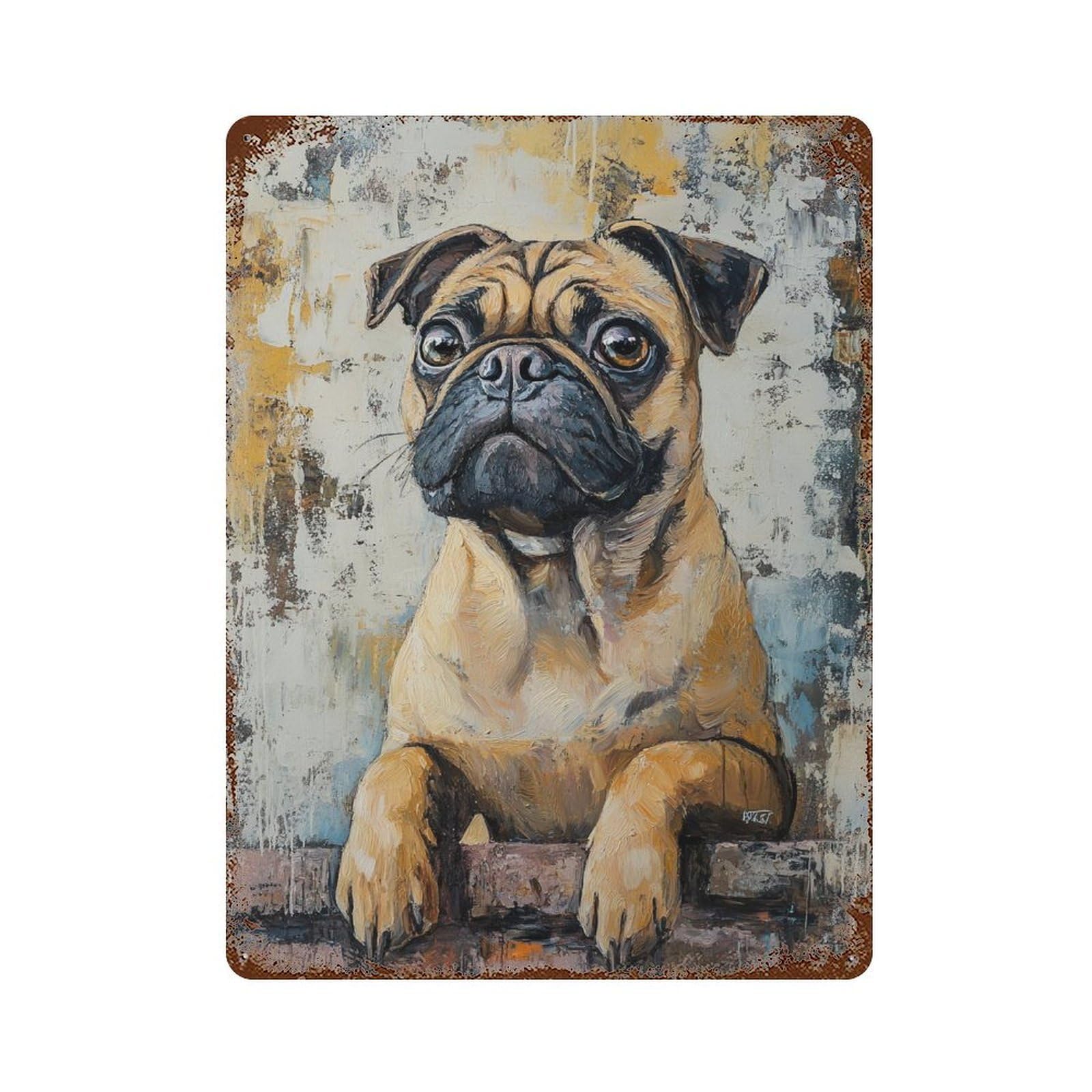 Decorative Tin Sign with Abstract Pug Painting Design 15.7"x11.8", for Farmhouse, Kitchen And Entryway Decor, Decorative Metal Wall Art