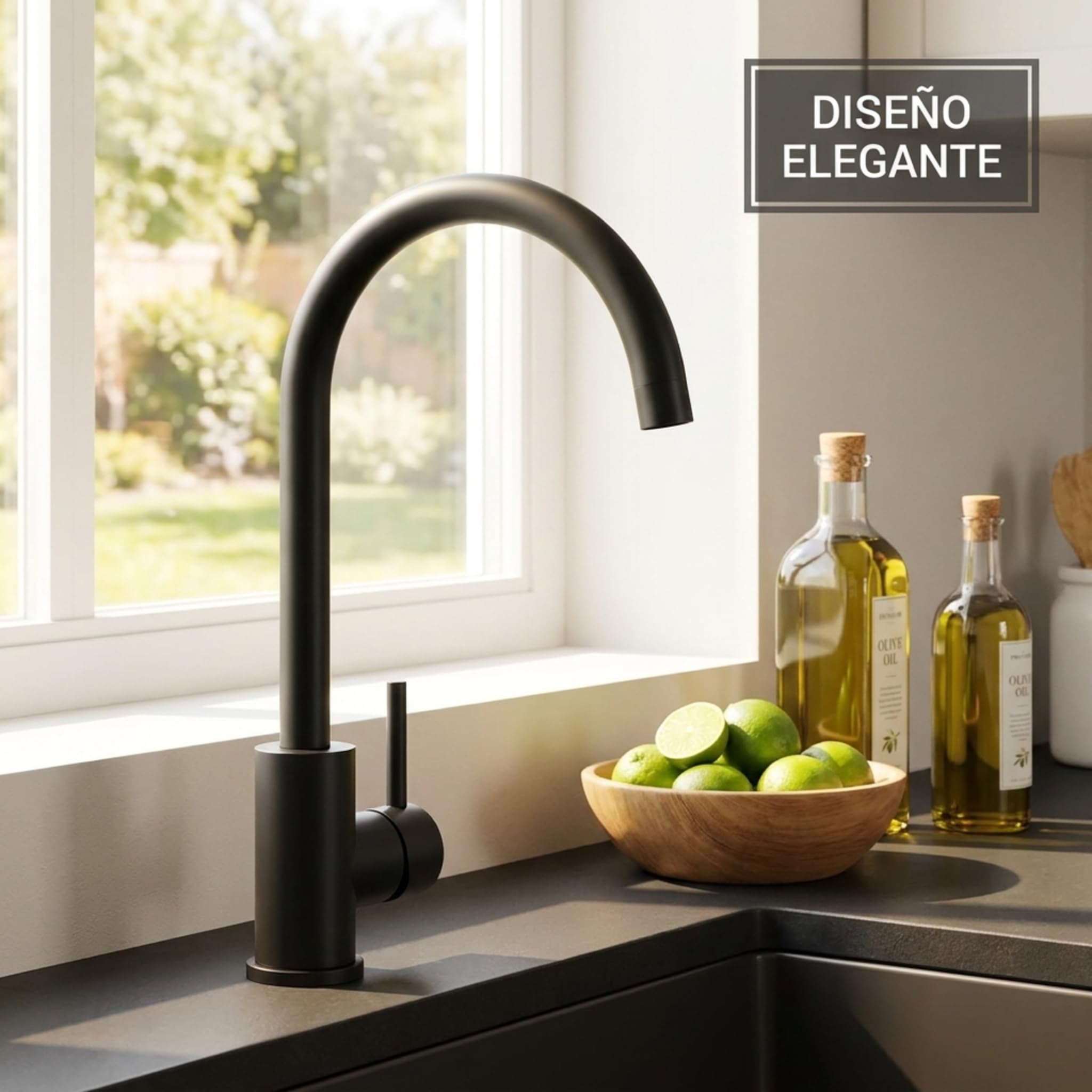VALAZ Grifo de cocina monomando giratorio 360 negro mate para fregadero