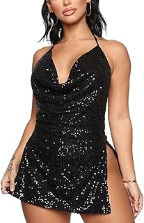 Women's Sequin Halter Bodycon Mini Dress Split Hem Backless Cowl Neck Sexy Short Dress Open Back Cocktail Party Dresses - Buy now