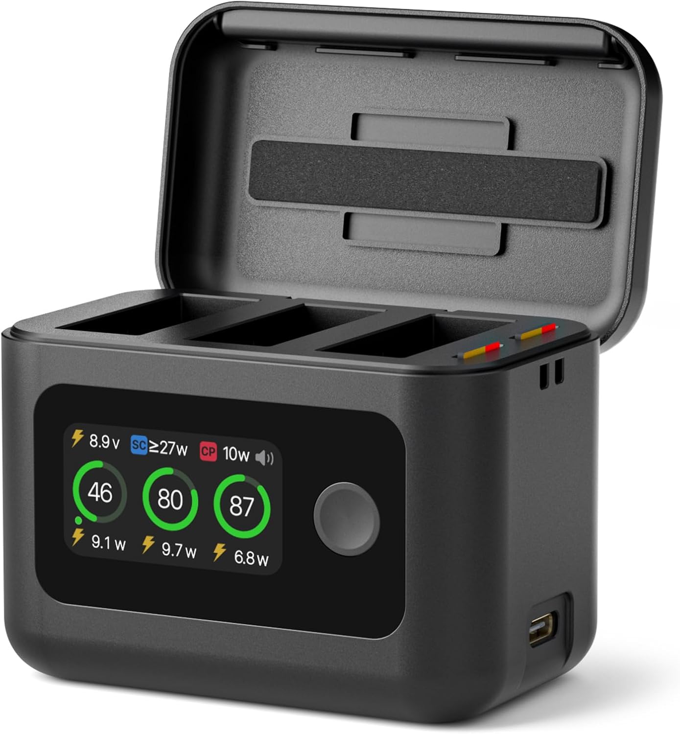 Battery Charger for DJI OSMO 360&Action 6/5 Pro/4/3, Intelligent Bi-Directional 3-Channel Fast Charging Hub LCD Display Shows Battery SOC, Battery Charging Case