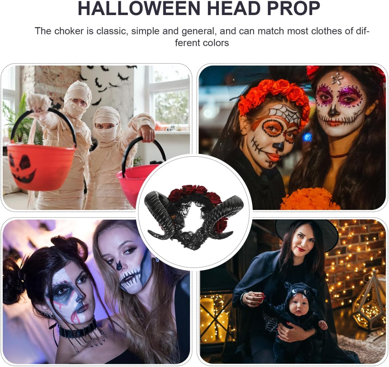 FRCOLOR Halloween Sheep Horn Headband with Rose Lace Flower Design Lightweight Cosplay Accessory for Party Costume 9.44 X 6.29 X 3.14 Inches