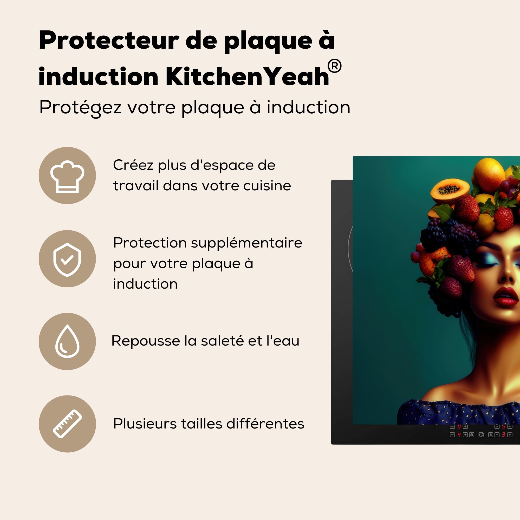 KitchenYeah© Protection Plaque Induction Protege Deco Cuisine Cache Protège | 60x52 cm - De Cuisson Accessoires Femme - Coiffe - Tropical - Fruits - Raisins