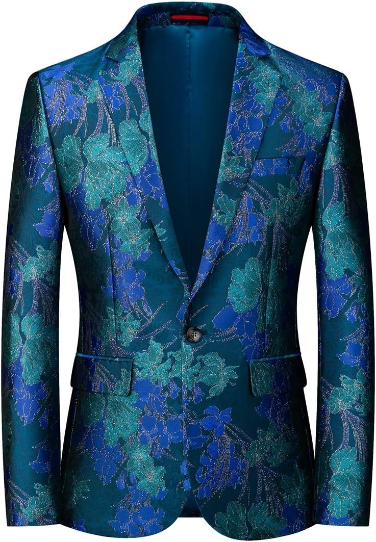 YOUTHUP Mens Slim Fit Blazer Single Breasted 1 Button Embroidery Suit Jacket Floral Tuxedo Jackets