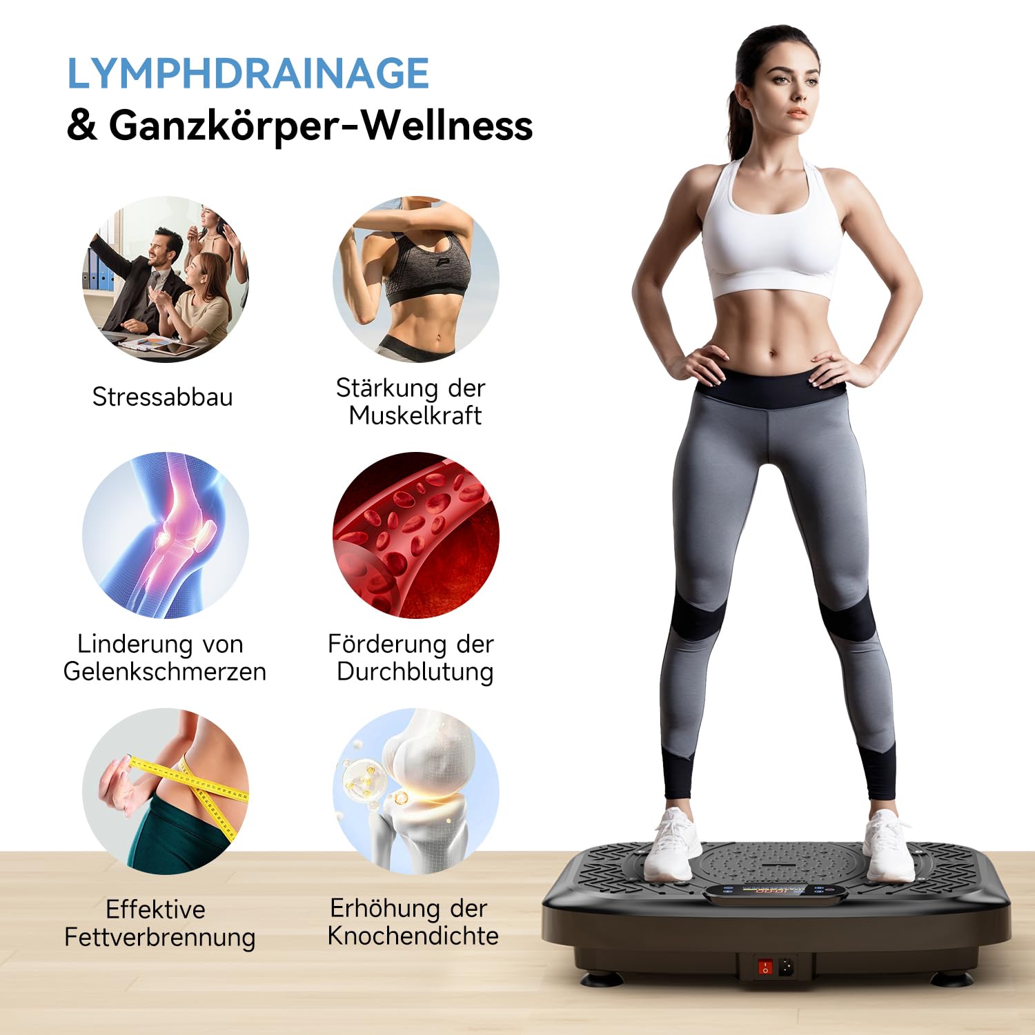 Vibrationsplatte mit App, Rüttelplatte Lymphdrainage bis 220KG | Starker 200W Motor, 199 Stufen Rüttelplatte Fitnessgerät zum Abnehmen, Bluetooth, LED Display & Trainingsbänder für Zuhause