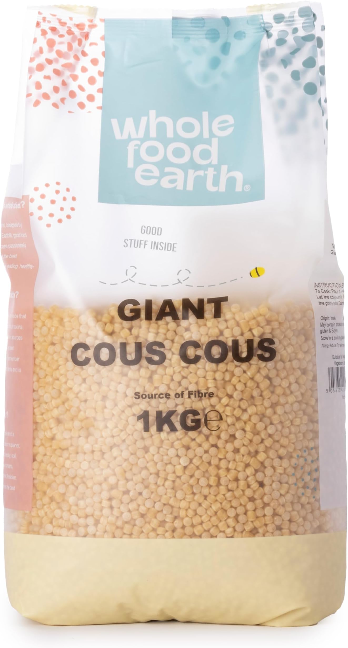Wholefood Earth Giant Couscous 1kg - Pearl Israeli Couscous, High Protein, Whole Grain, Quick Cook