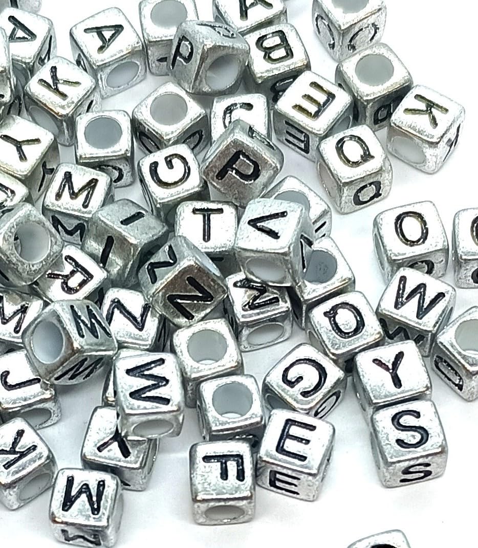 100 pcs/Bag 6mm Silver Cube Alphabets Acrylic Beads (Mixed or Single Letters) (Mixed Letters)