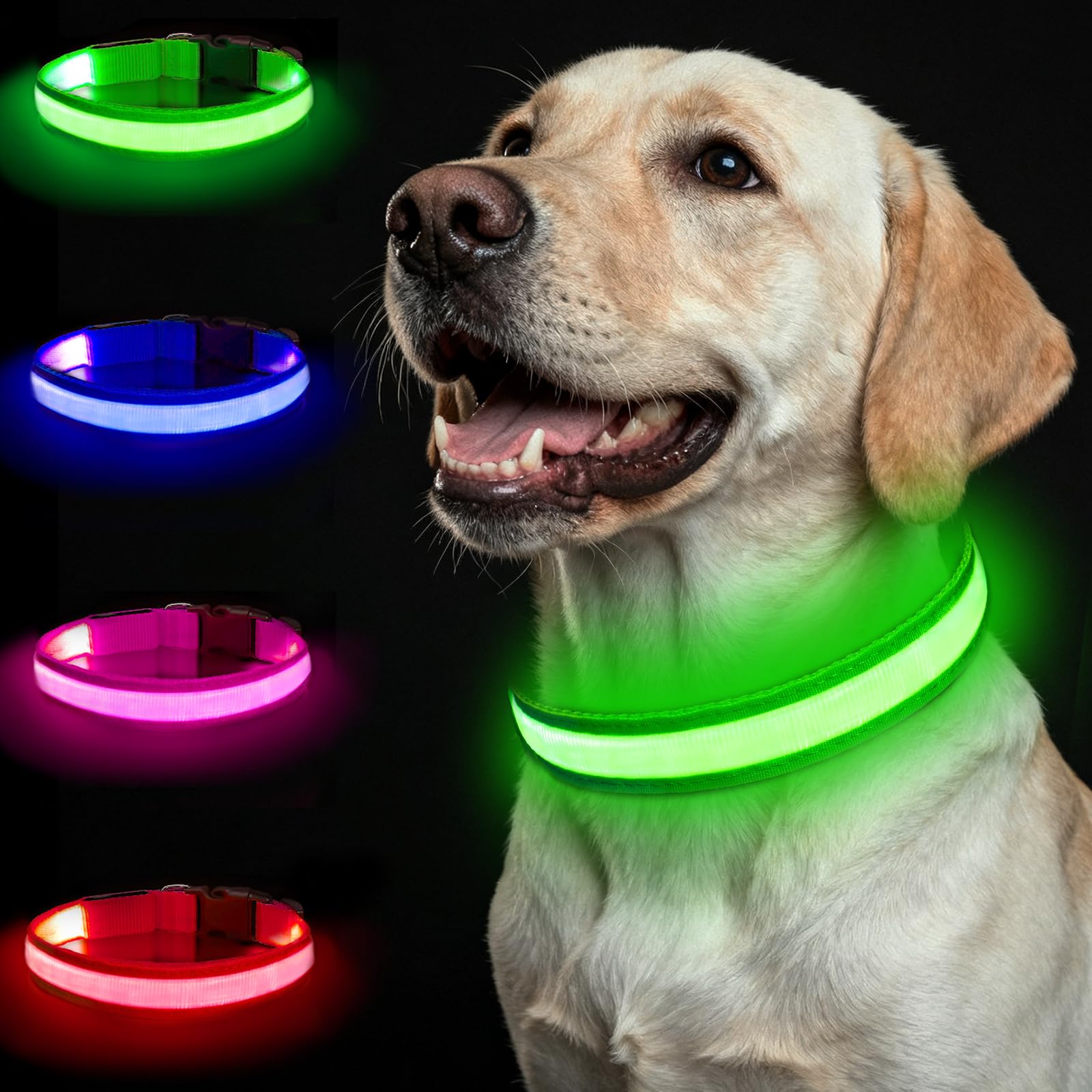 Nepfaivy Light Up Dog Collar - Flashing Dog Collar Lights for The Dark, Rechargeable LED Collars with 3 Glow Modes for Small Medium and Large Dogs (Green-M)