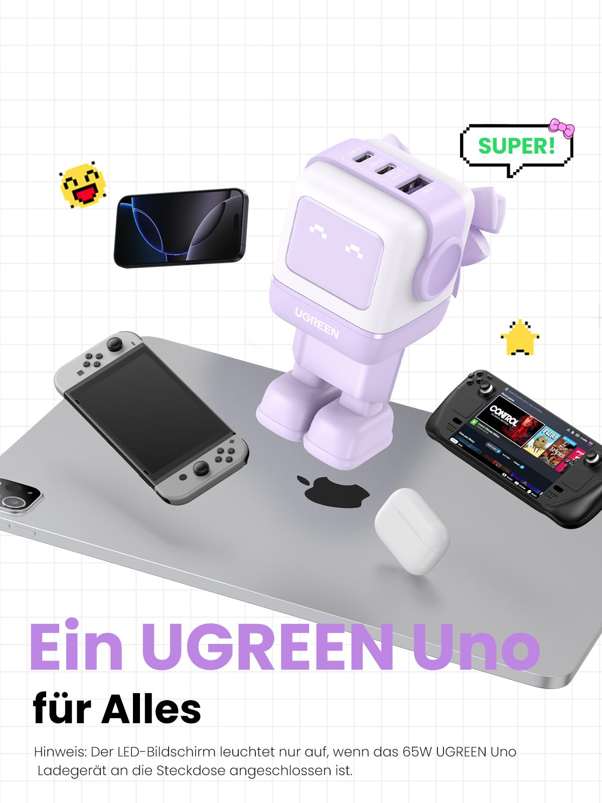UGREEN UNO USB C Ladegerät, 65W USB C Netzteil 3-Port GaN Schnellladegerät LED Display kompatibel mit MacBook Pro/Air, iPad, iPhone 17 Pro Max, 16, Galaxy S25 Ultra, Steam Deck (Lila)