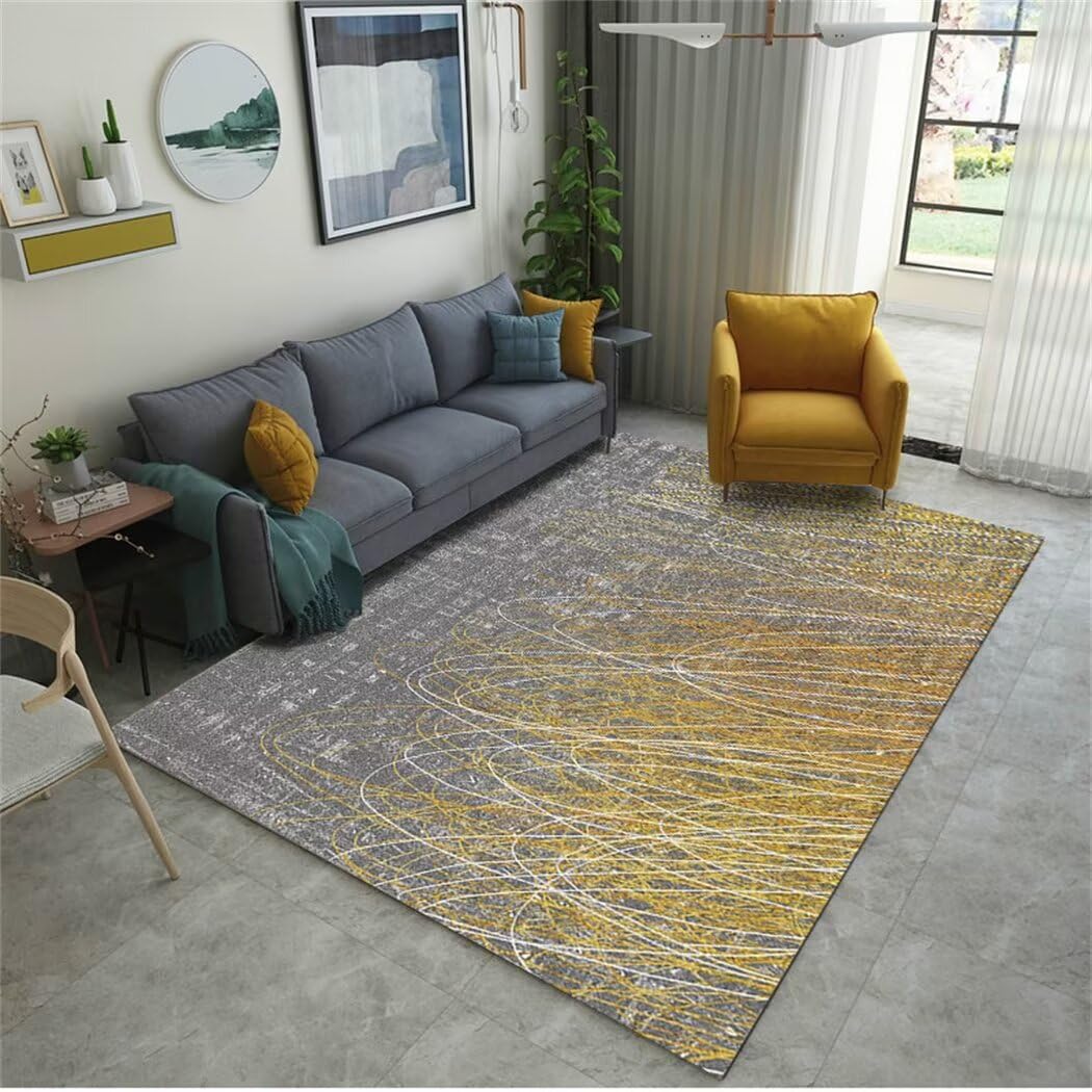 Tapis de salon jaune avec motif abstrait pour illuminer un couloir sombre ou une entrée