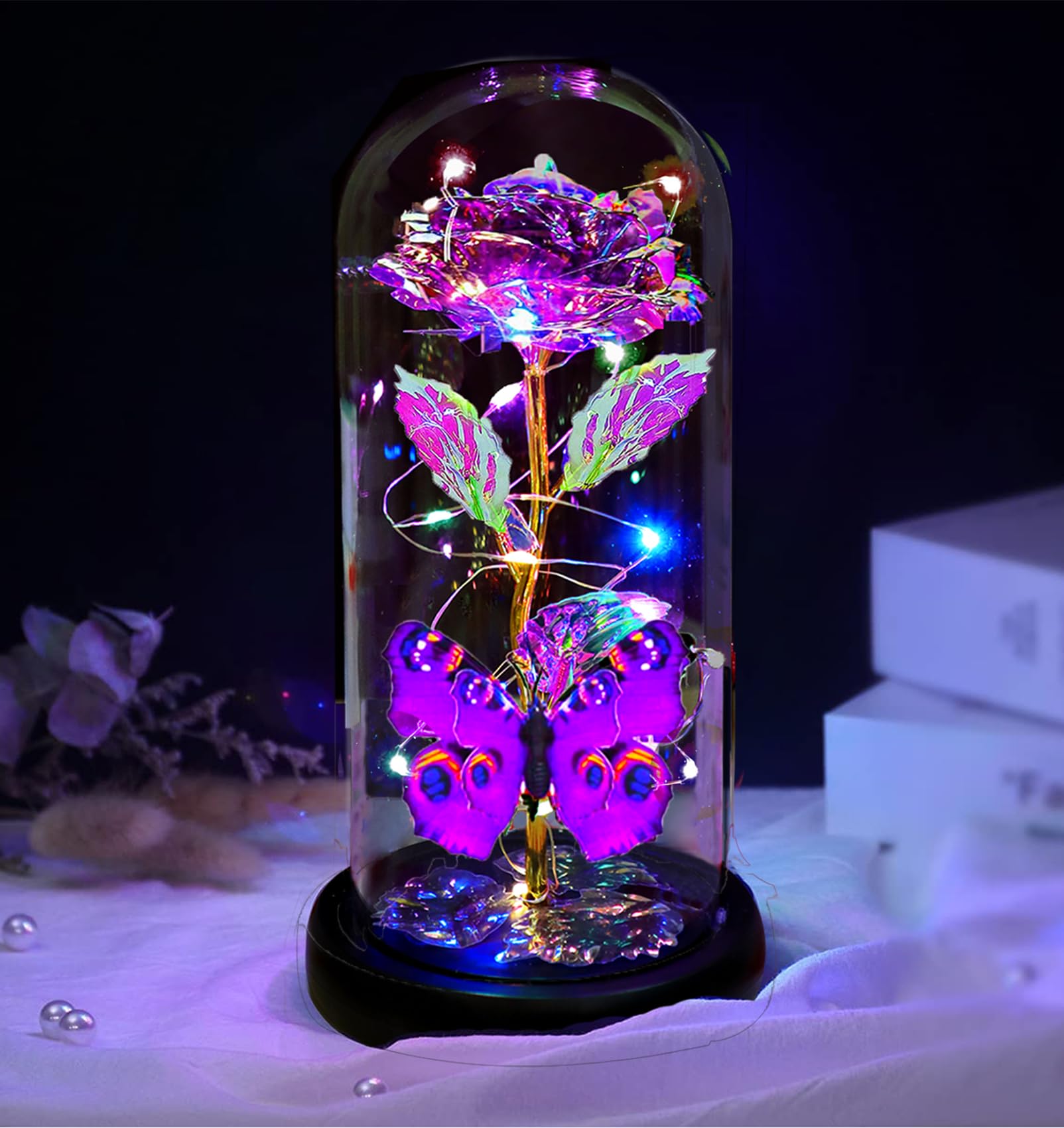 Photo 1 of Rose Glass Flowers Gifts, Galaxy Crystal Light Up Rose Flower in A Glass Dome, Birthday Gifts for Women Mom Sister Wife Her Girlfriend Grandma Mothers Valentines Day Roses Presents, Purple Butterfly