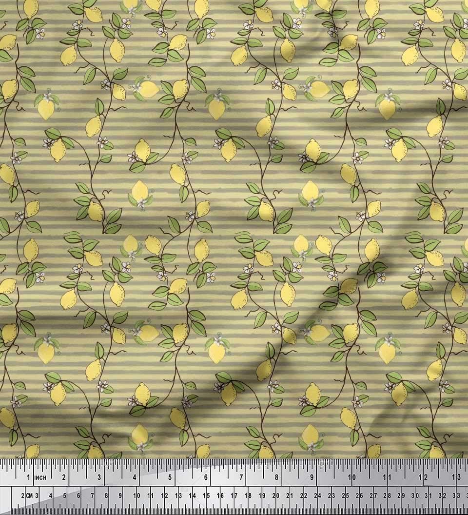 Soimoi Poly Georgette Beige Fabric - by The Yard - 42 Inch Wide - Stripe, Leaves & Lemon Vegetable Canvas - Botanical and Citrusy Fusion for Kitchen and Crafts Printed Fabric