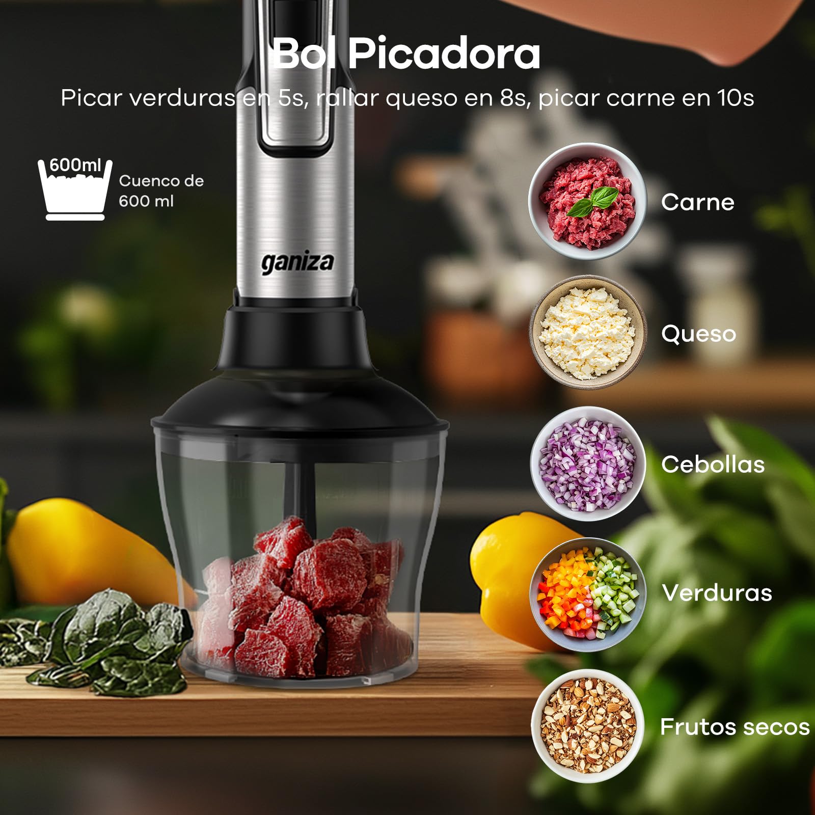 Ganiza Batidora de Mano 5 en 1, 1200 W, con control de velocidad y función turbo, Acero inoxidable e incluye picadora, batidor de varillas, espumador de leche y vaso medidor
