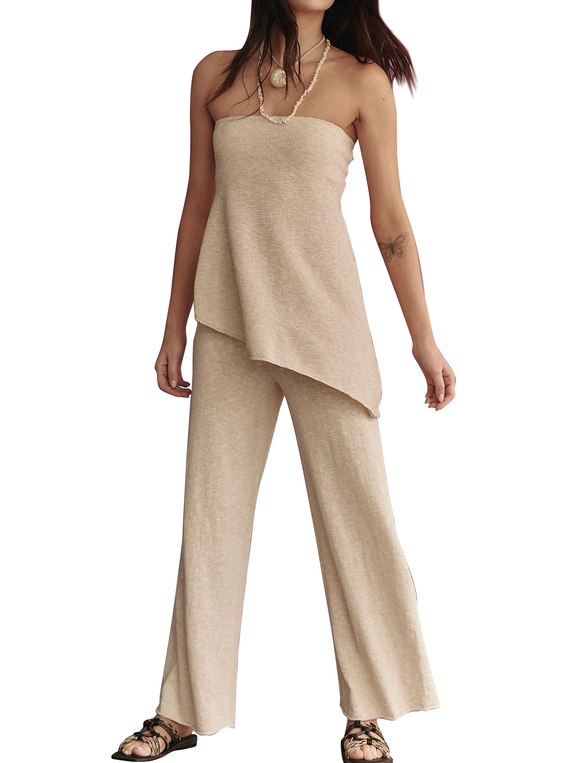 Anoumcy 2 Piece Sets for Women Tube Tops and Pants Lounge Sweater Sets Summer Beach Travel Vacation Outfits