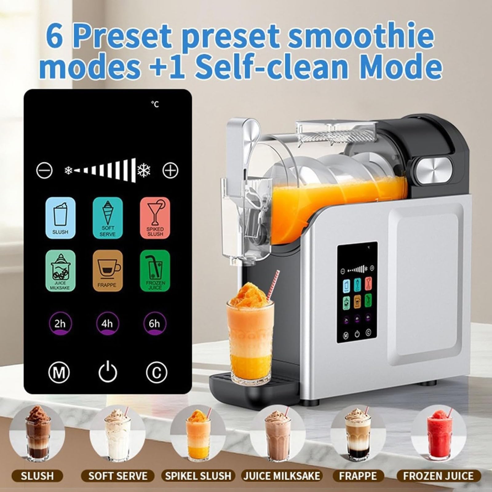 Máquina de granizados, máquina profesional para bebidas congeladas de 2 litros con autolimpieza, 6 modos preestablecidos, no necesita hielo para batidos, helado suave, frappés y zumos congelados.