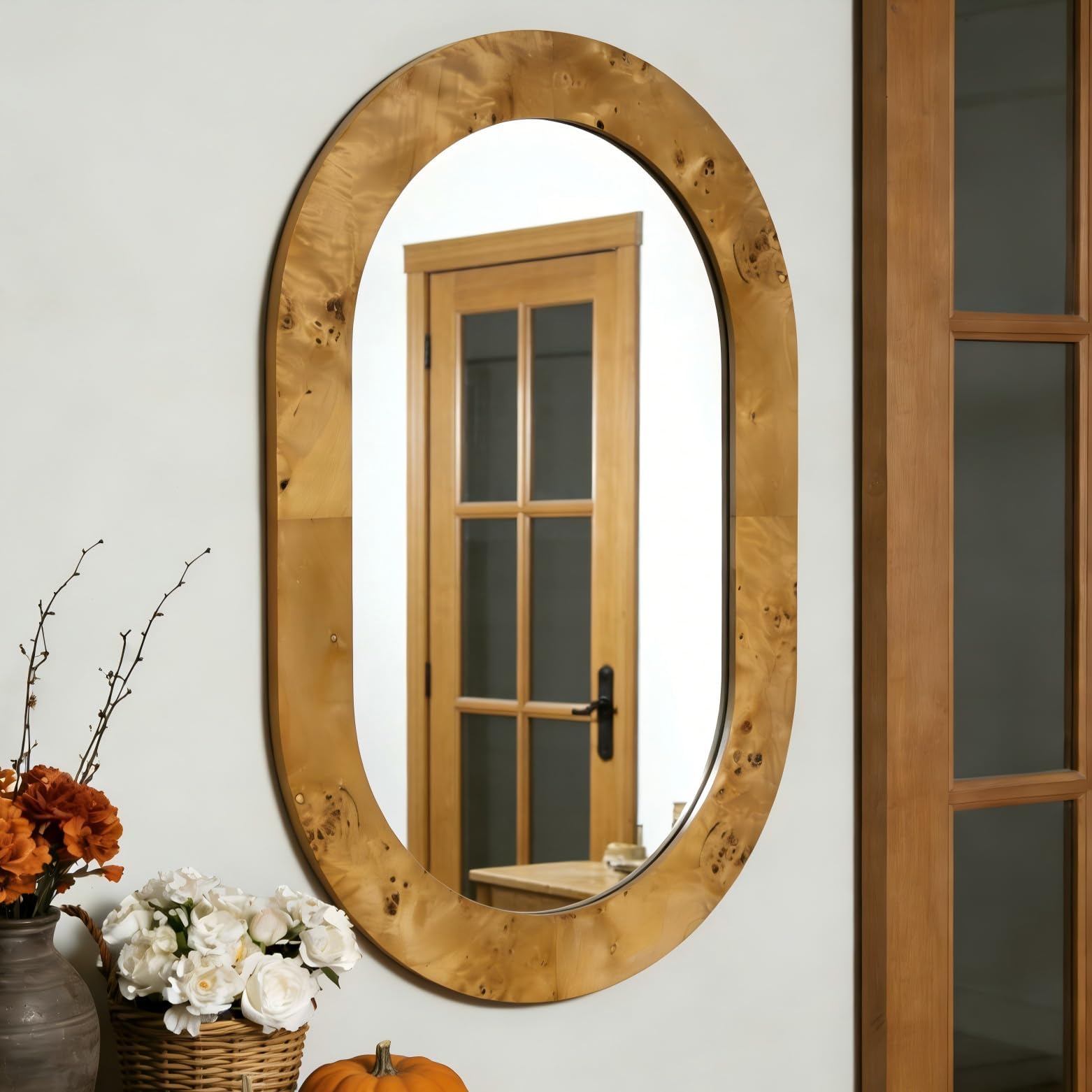 SHYFOY Miroir mural ovale - 90 x 60 cm - Miroir décoratif en bois de burlwood avec bord poli argenté pour salon, chambre à coucher, salle de bain et couloir