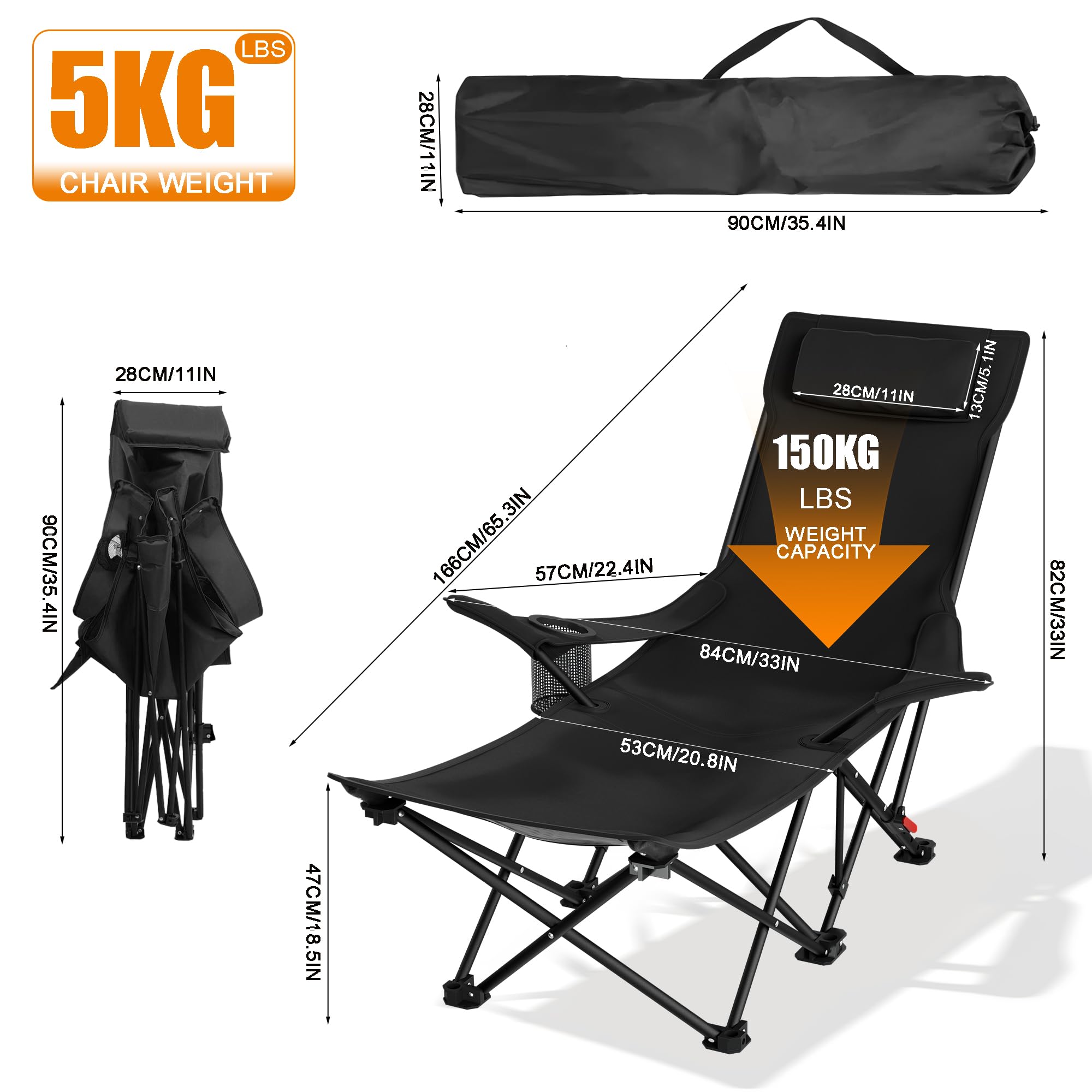 Campingstuhl Faltbar, 4 Verstellbar Winkel Strandstuhl, Klappstuhl Camping Stuhl Leicht Angelstuhl Klappbar, Hohe Lehne mit Tragetasche Gartenstuhl für Garten Outdoor Strand Wandern (Schwarz)