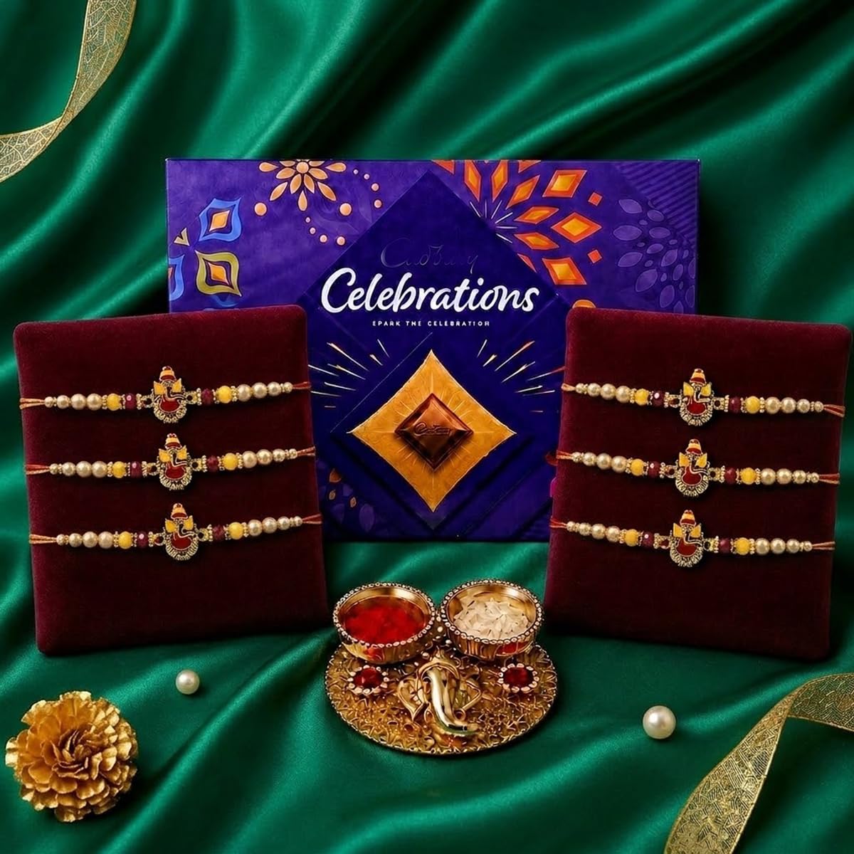 Saugat Traders Ganesh Ji Set of 6 Rakhi for Bhai with Chocolate Gift Box - Ganesha Rakhi for Brother with Chocolate Pack - Good Luck Rakhi Combo with Roli Chawal Chopra