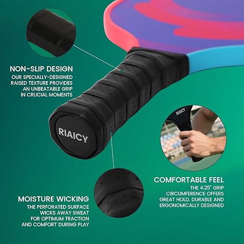 Miniatura 4 de Juego de 2 palas de fibra de vidrio con núcleo de panal de abeja, 4 bolas, cintas de agarre para raquetas de pickleball, bolsa de transporte