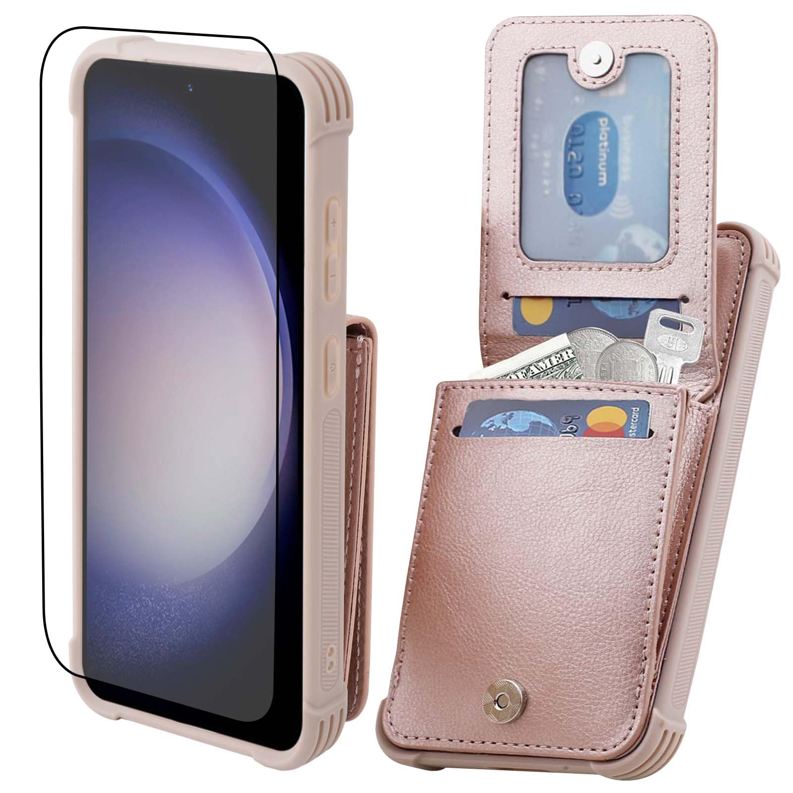 VANAVAGY Wallet Case Compatible for Galaxy S24 5G for Women and Men,Leather Magnetic Clasp Flip Folio Phone Cover with Credit Card Holder and Coin Pocket,Rose Gold
