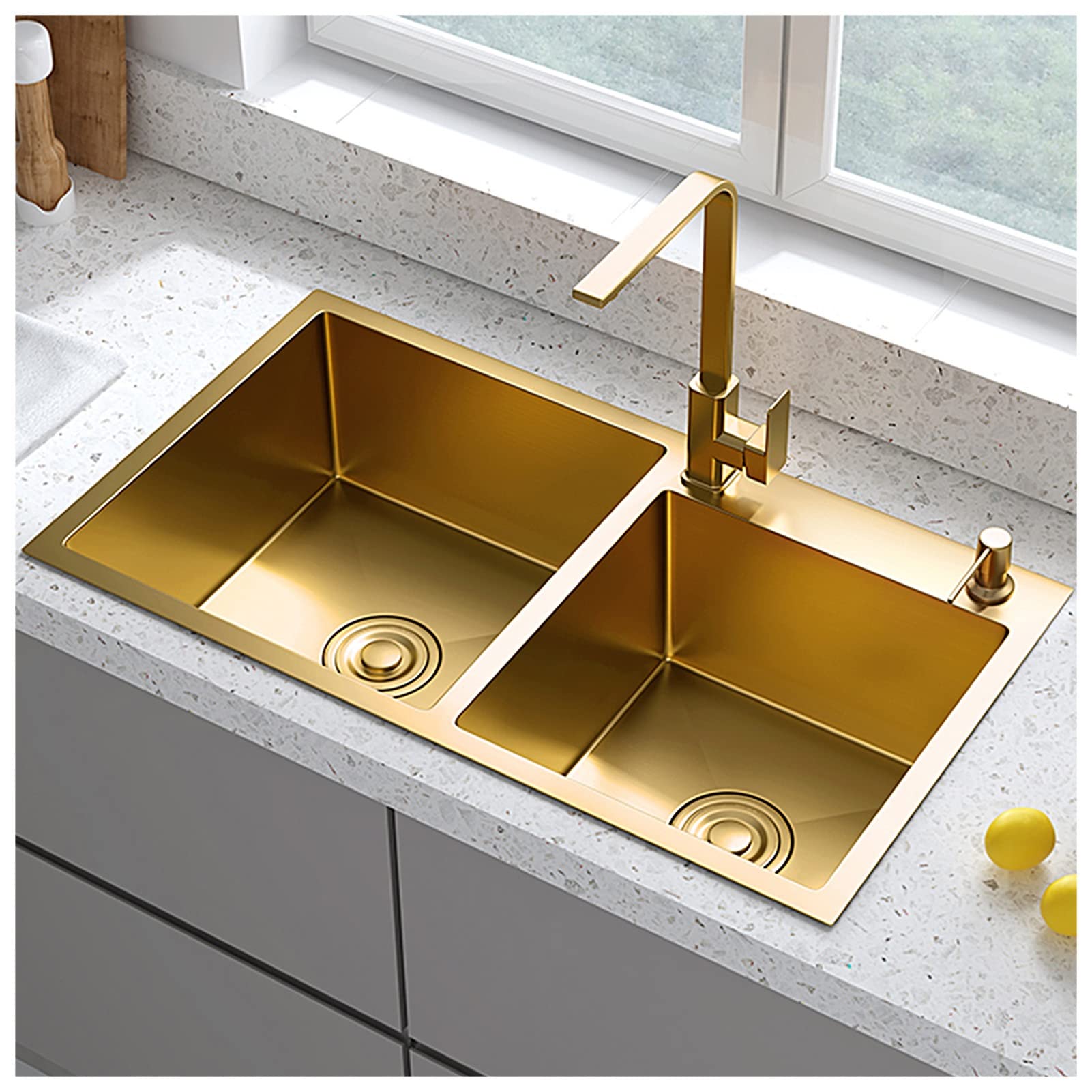 WIQUYBML Double Bowl Bar Sink Kitchen With Faucet Undermount 304 Stainless Steel Stepped Wash Basin (Color : Gold-b, Size 78x43x21cm)