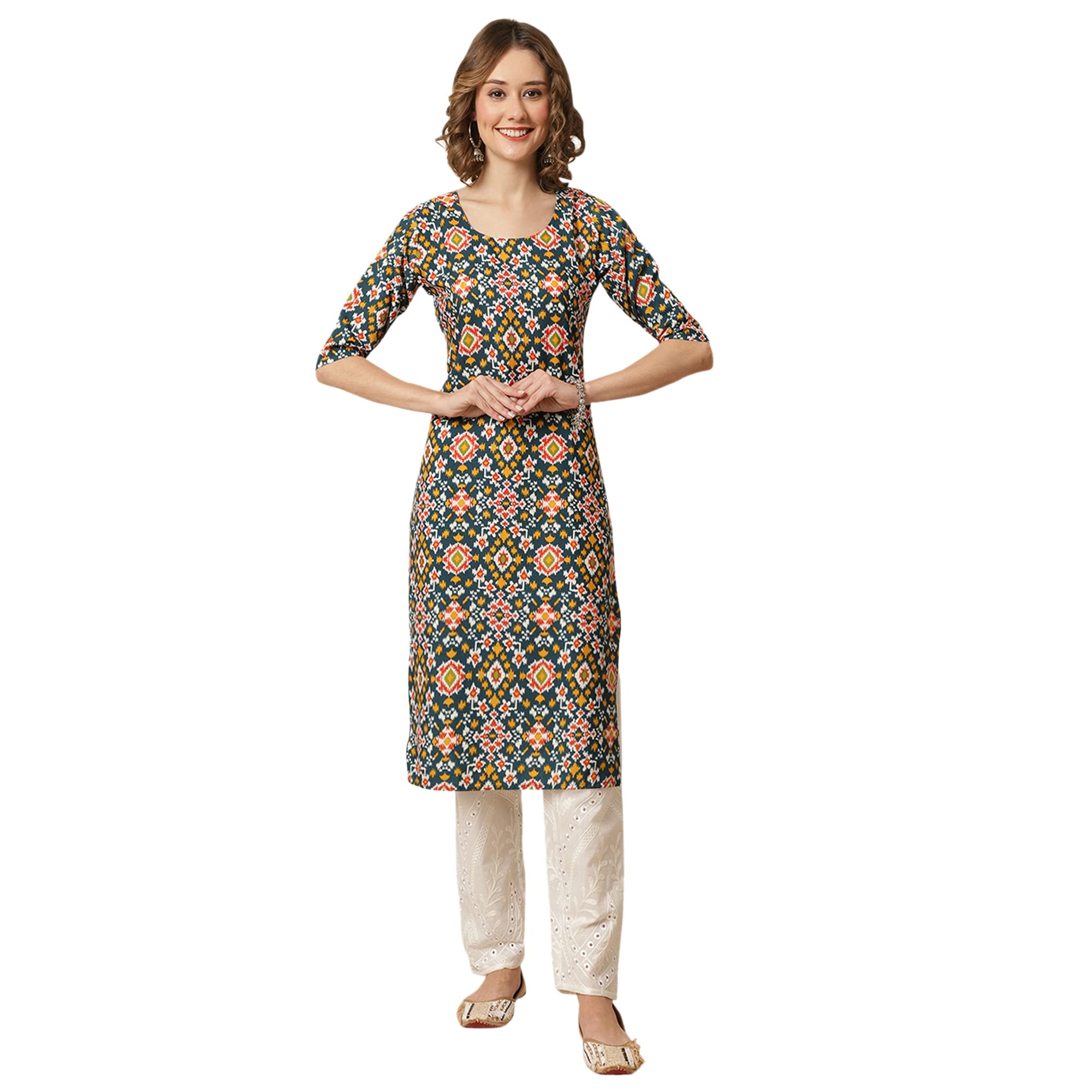 Pinkmint Women's Crepe Multicolor Ethnic Motif Printed Straight Kurti (530383-S)