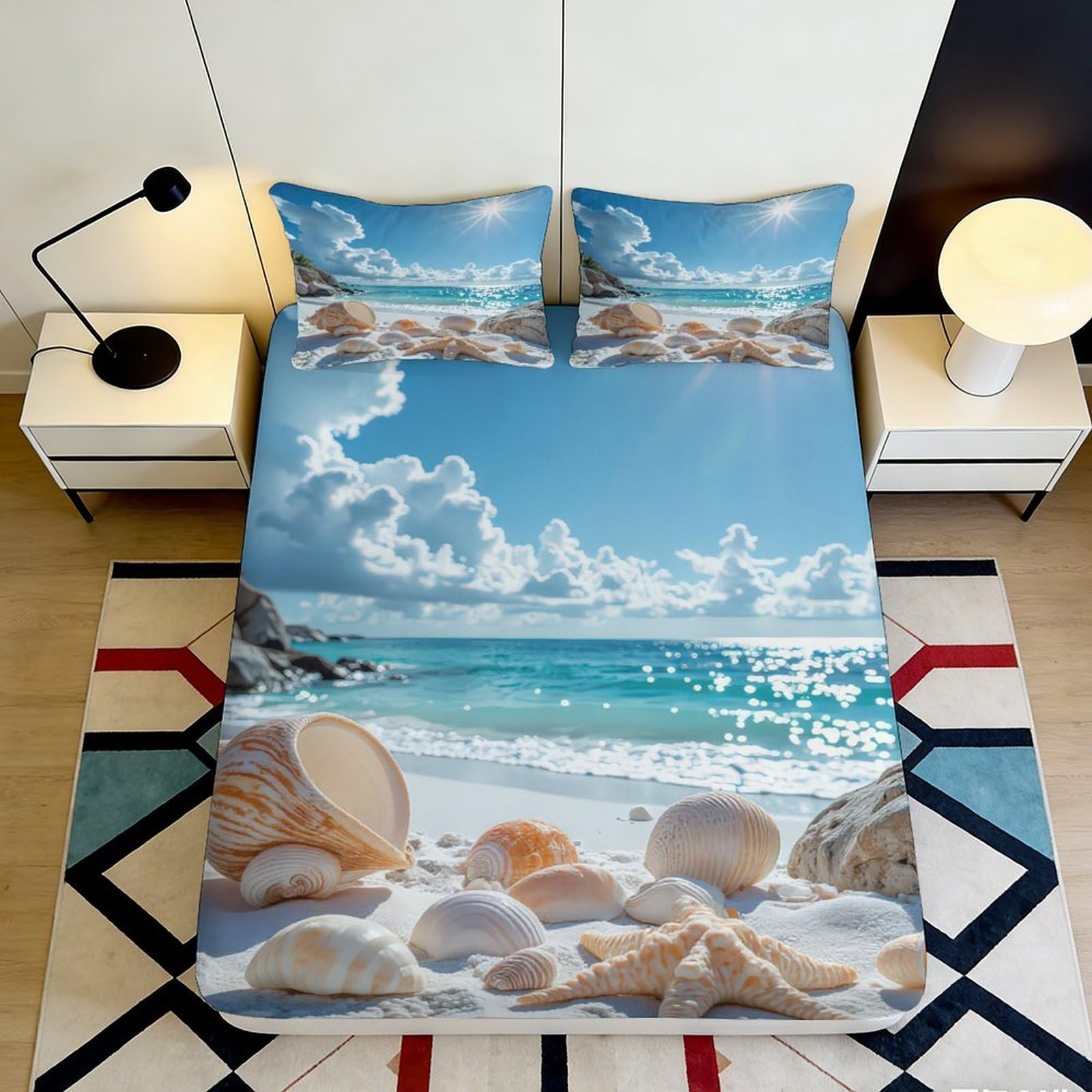 3D Printed Beach Seashell Fitted Sheet Microfiber Soft Ocean Starfish Mattress Cover for Bedroom Decor 140x200x25cm