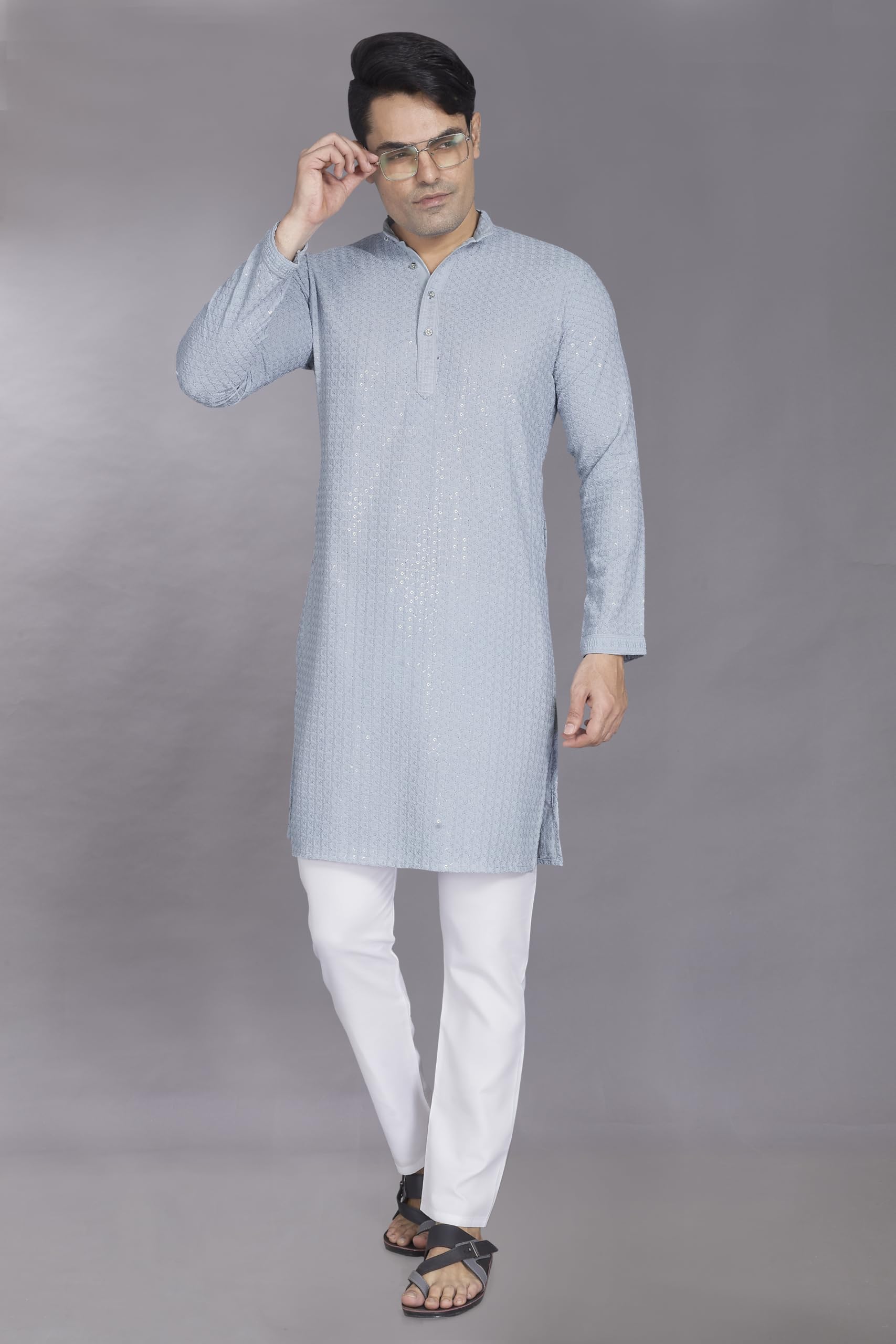 Divisive Men's Sequince Embroidered Cotton Blend Only Slim Fit Kurta (Dkrt750_L_Sky Grey)