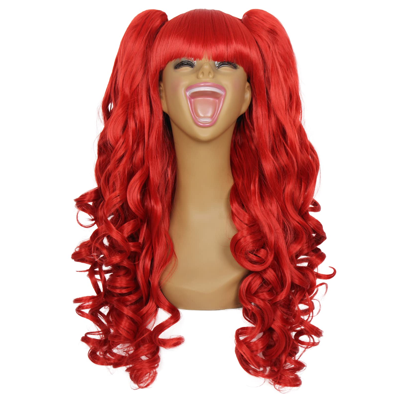 Long Curly Wig with 2 Removable Ponytails Red Lolita Cosplay Pigtail Wig Women Girls Halloween Party Colored Wigs, 1.0 Count