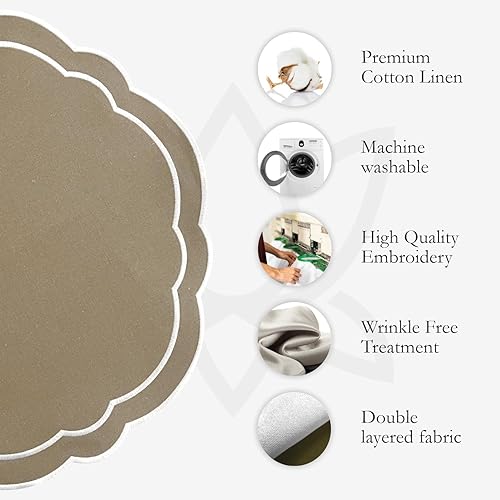 Miniatura 5 de Juego de 4 manteles individuales redondos, lino de algodón, doble capa, manteles individuales bordados festoneados de lujo, 16 pulgadas, mantel