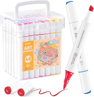 Alcohol Markers Brush Tip 48 Colors - Dual Tip Art Coloring Marker Set with Clear Box, Bulk Drawing Markers for Coloring Books, Sketching, Illustration, Christmas Gift for Adults Kids 8-12