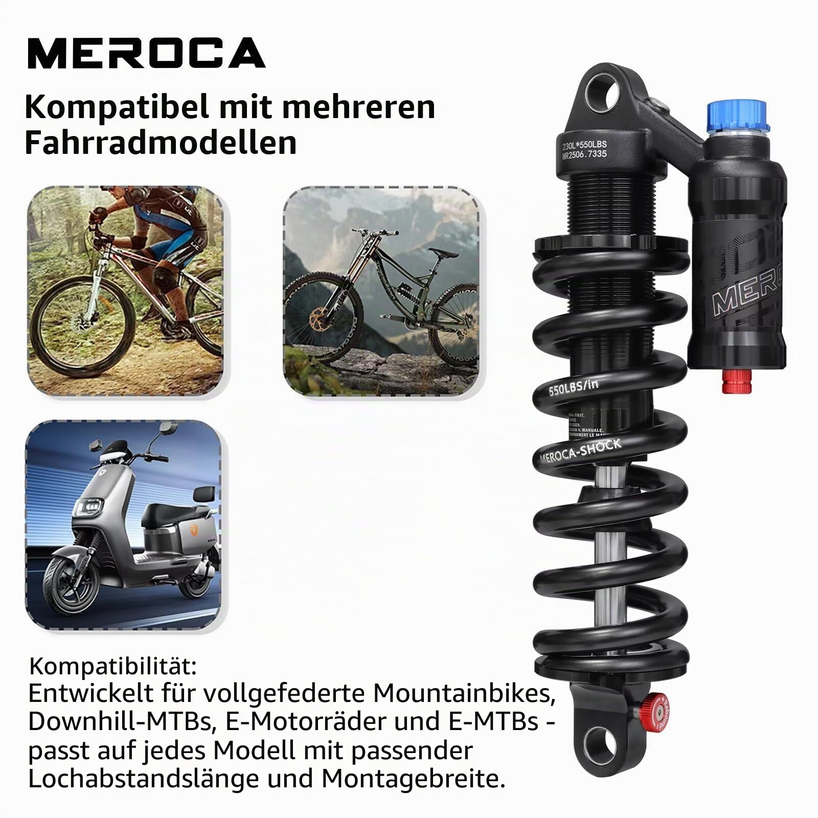 MEROCA Einstellbarer Luftfeder-Spiralfeder-Über-Stoßdämpfer für Mountainbikes, 190-265mm, 550LBS-Feder, Rückprall, Kompression, Vorspannung und Luftdruck (200-300 PSI) Passend für MTB/Downhill/E-Bikes