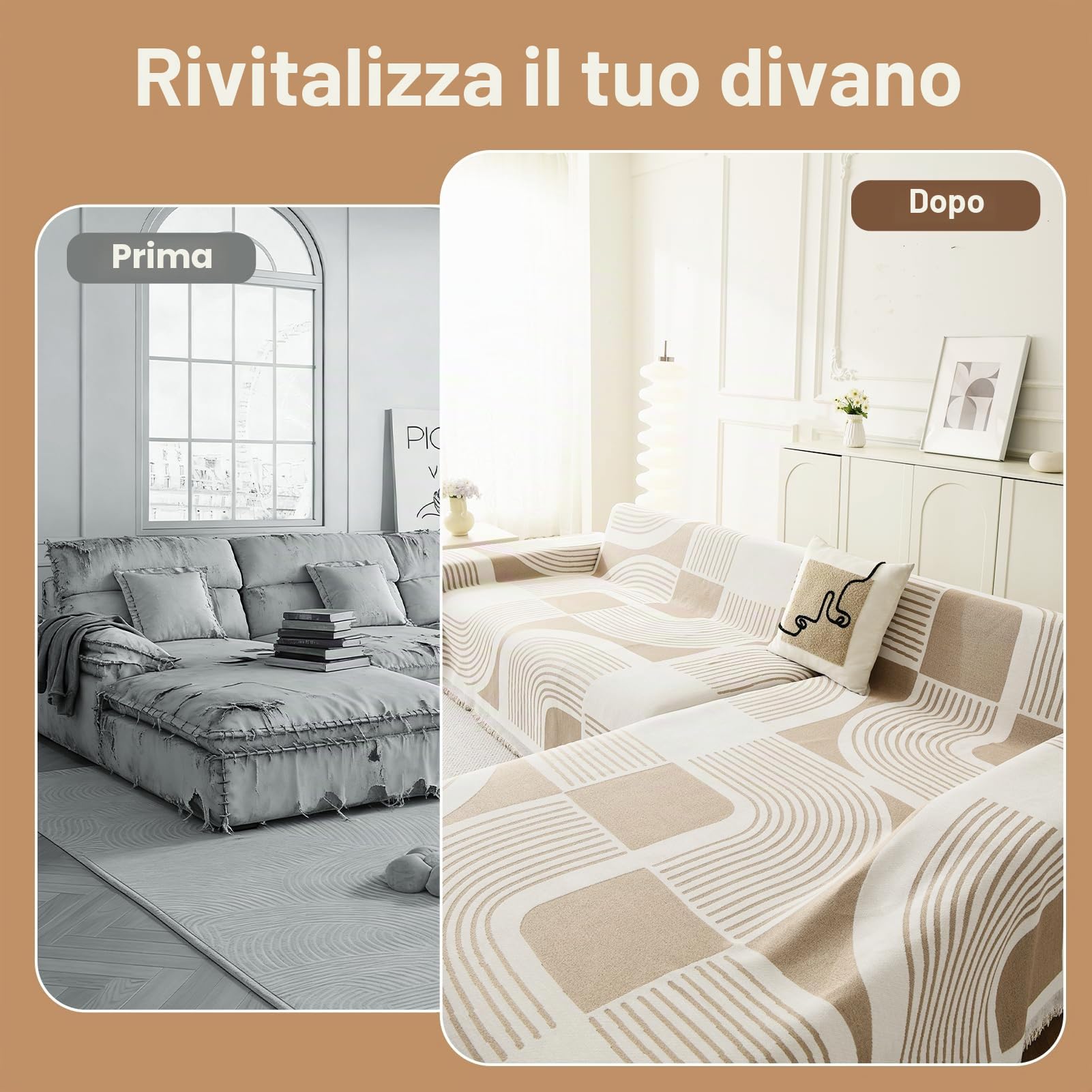 WEYOND Copridivano con Penisola, 2 Pezzi, 180 x 300cm + 180 x 260cm, Kaki | Telo Copridivano in Ciniglia, Antiscivolo e Antimacchia Copridivano Angolare, Universale per 2/3/4 Posti