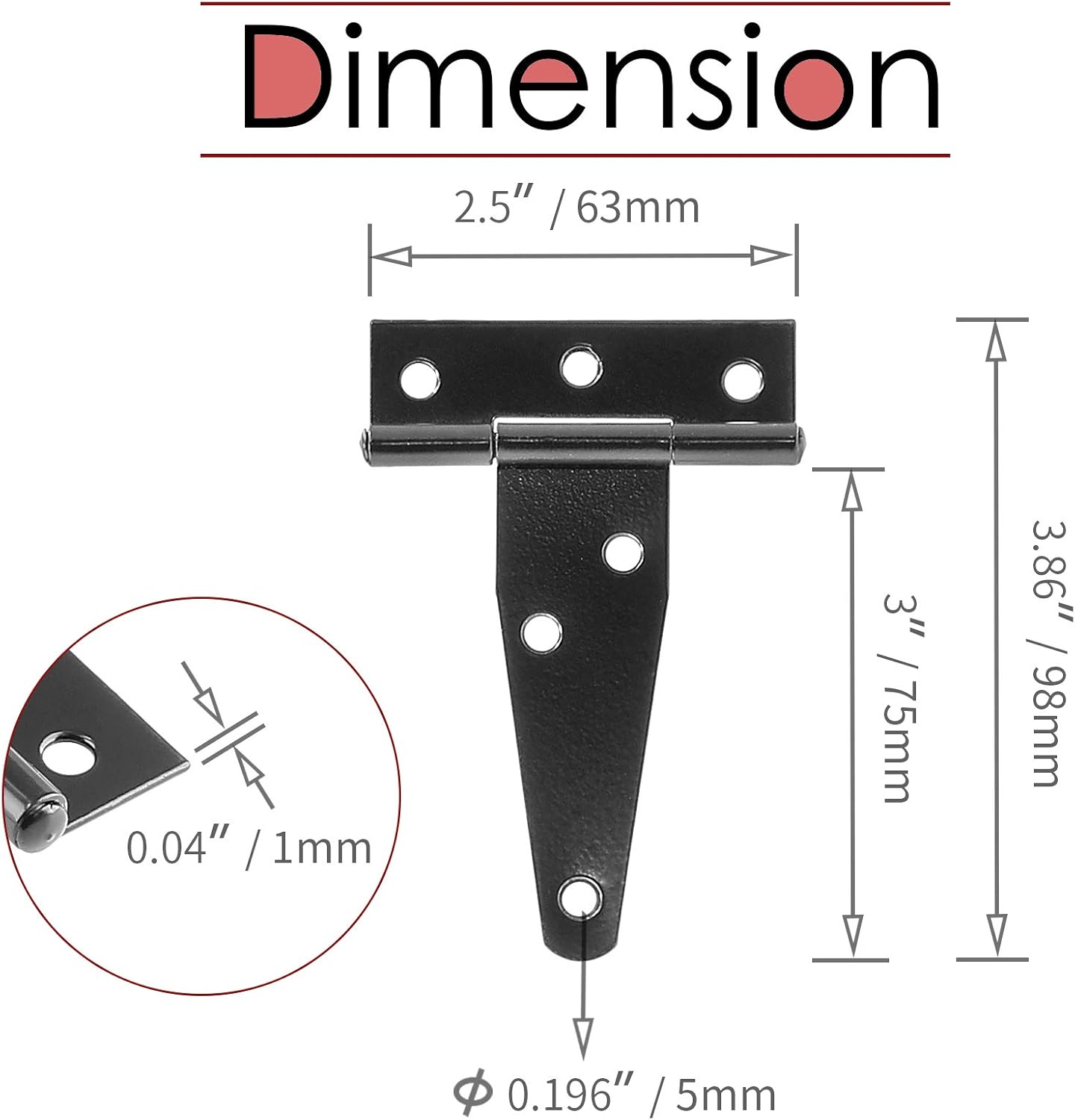 4Pcs T-Strap Hinge 3 Inch, Shed Door Hinges Black Barn Door Gates Tee Hinge, Iron Fence Hinges with Mounting Screws
