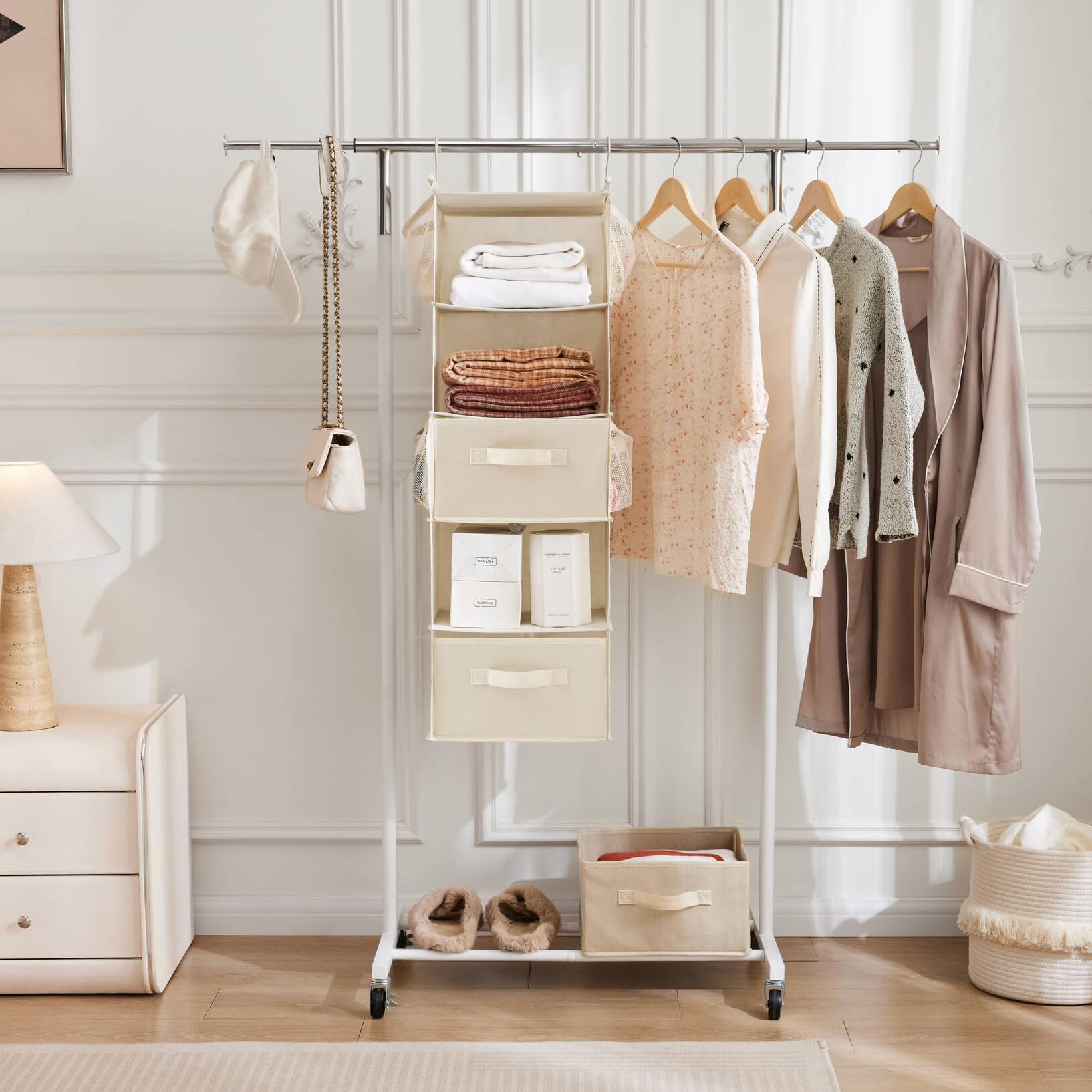 Organizador colgante de armario de 5 niveles, estante colgante de tela con 2 ganchos resistentes para almacenamiento, plegable (beige-D2) 8