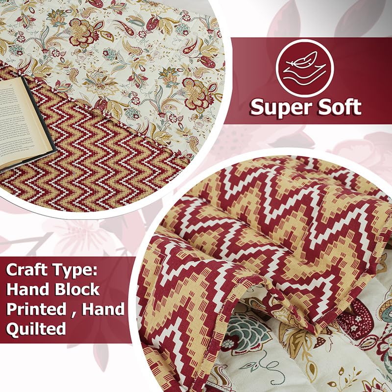BSB HOME Famous Jaipuri Beautiful Floral & Zigzag Print in White and Maroon Jaipuri Rajai/Razai/Quilt Double/King Bed Quilt/Comforter/Ac Quilt/Ac Comforter, Cotton, Lightweight Pack of 1, 400 GSM 4