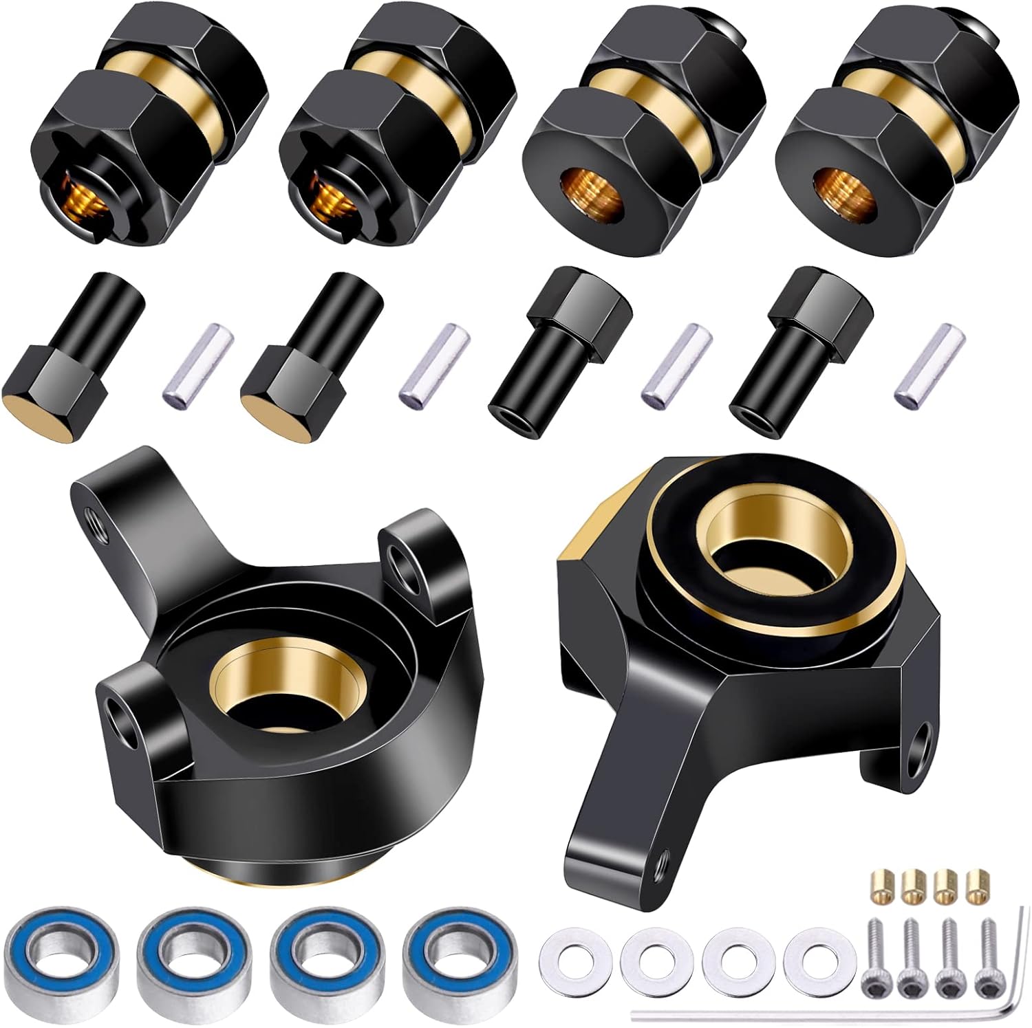 Brass Steering Knuckles and Extended 7mm Wheel Hex Hub with Ball Bearings Compatible with Axial SCX24 1/24 RC Crawler Car AXI90081 Upgrades Parts (Gold)