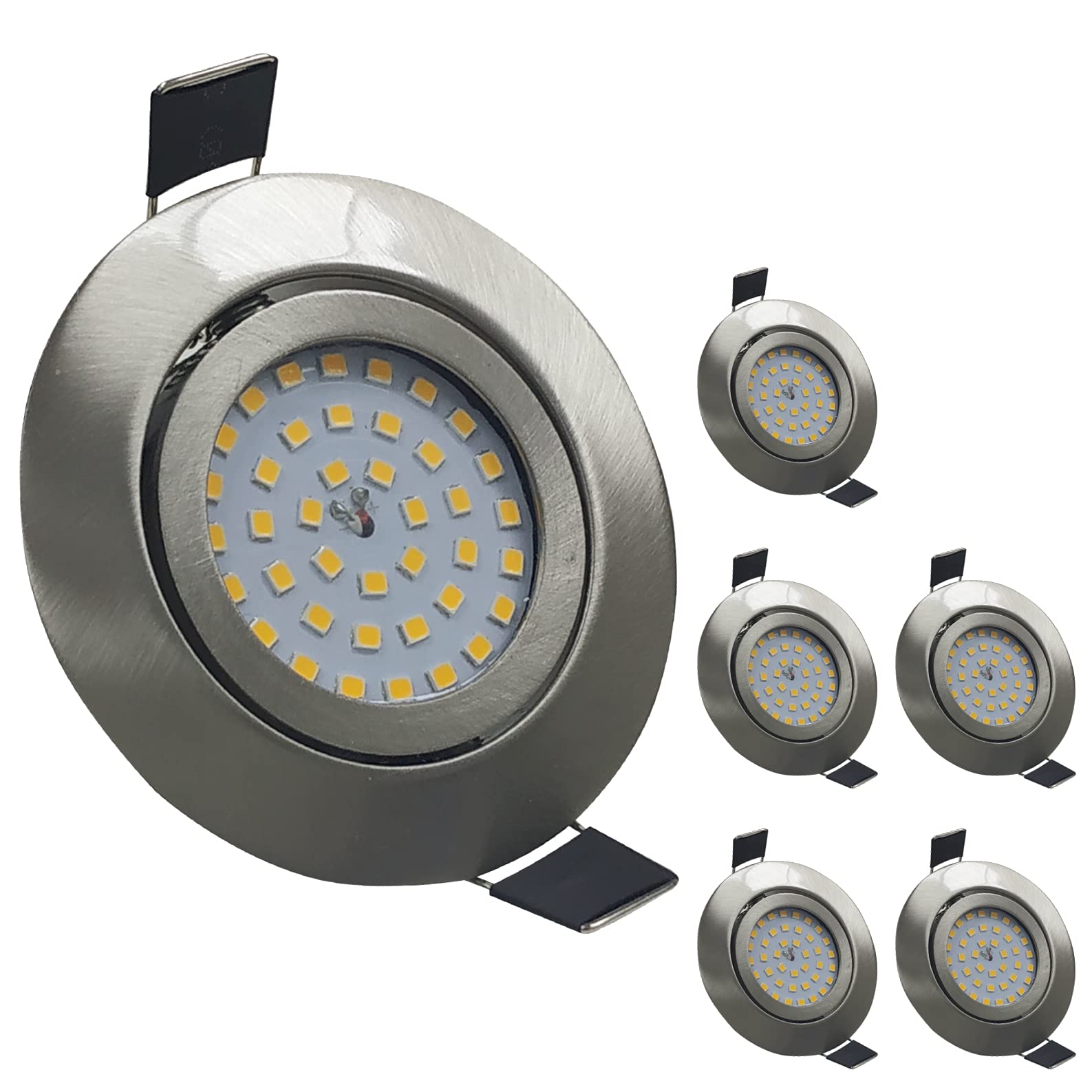 LED ATOMANT 6x LED Einbaustrahler Edelstahl Ausschnitt 75mm 7W Warmweiß | 3000K, 700 Lumen, Ring aus poliertem Stahl, Direktanschluss an 220V