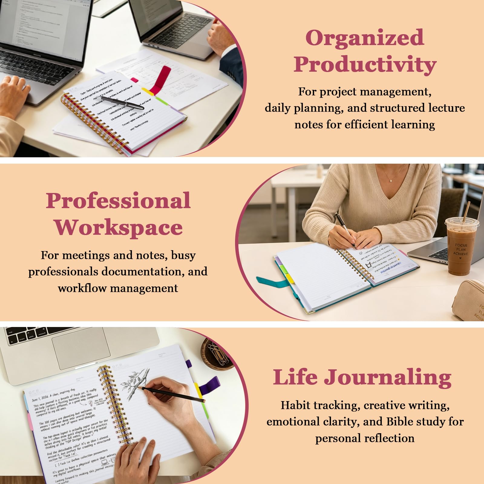 Spiral Notebook Journal 8.5''x 11'' 5 Subject Notebook with Dividers, 300 Pages Notebook College Ruled with Magnetic Closure, A4 Tabbed Notebooks for Work School, Sparkle Journal for Women (Pink)