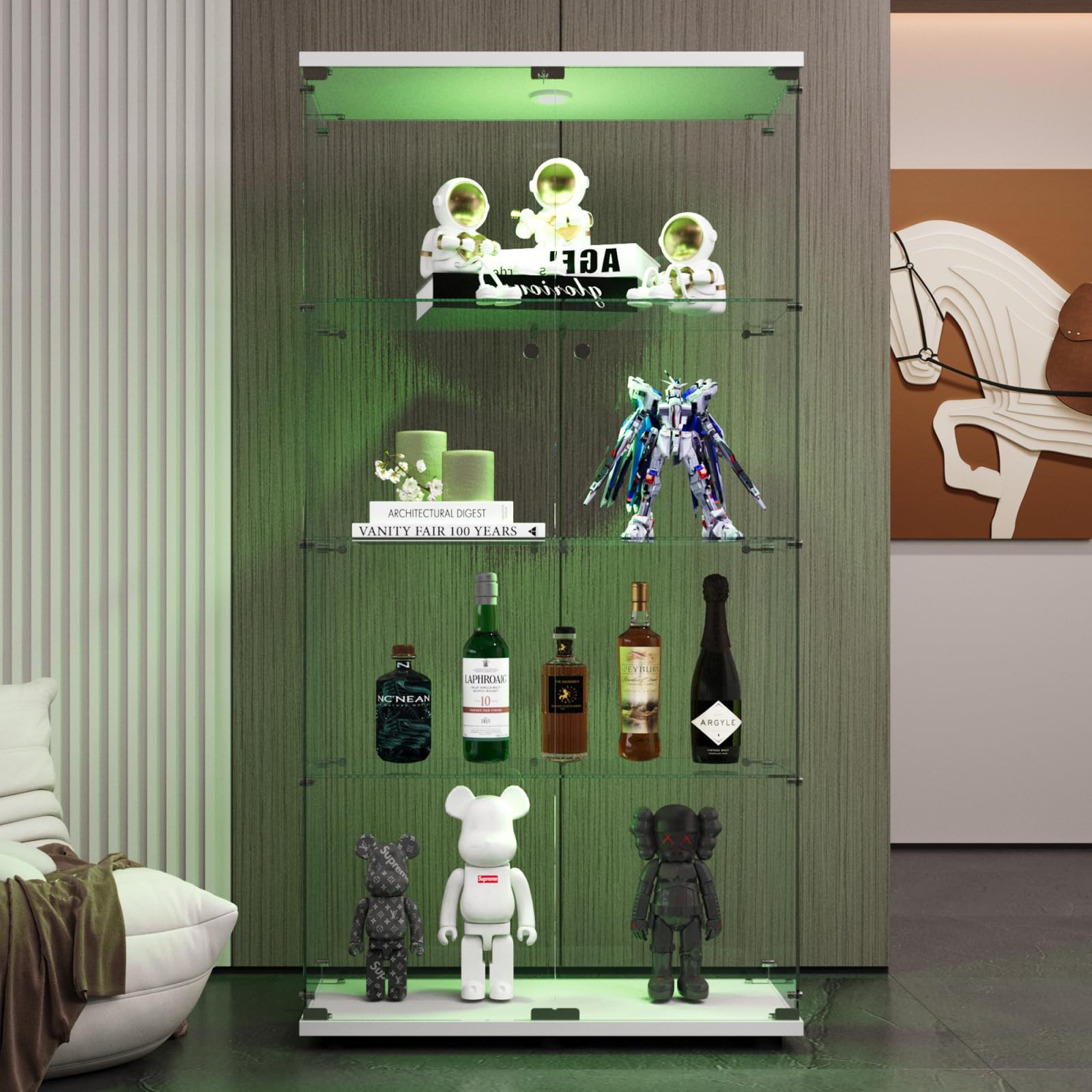 DADEA Glazen vitrine met 4 planken, 2 deuren glazen opbergkast met slot, 164 x 80 x 36 cm, voor op de vloer voor thuis (zwart, 2D