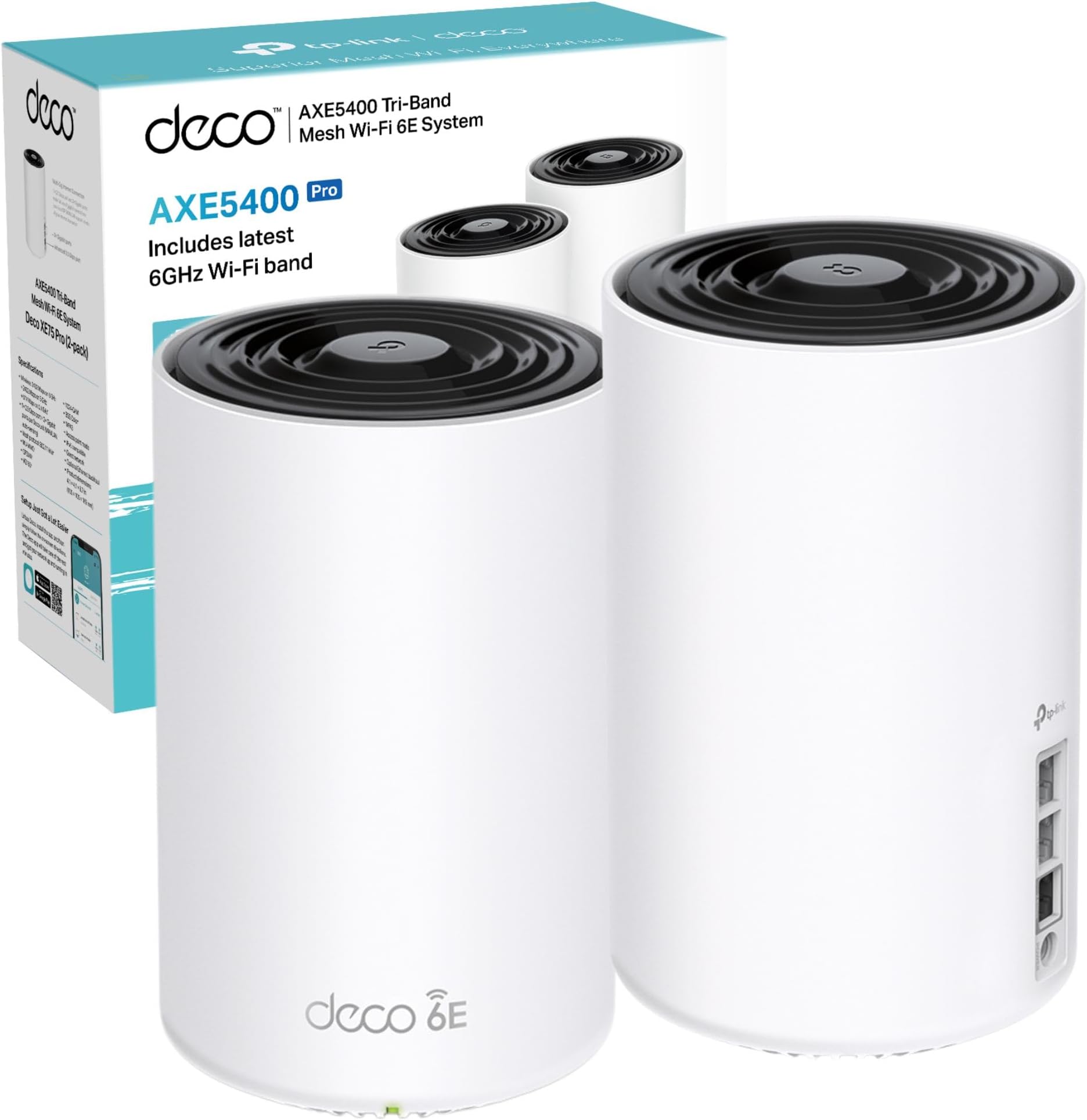 TP-Link Deco XE75 Pro(2-pack) AXE5400Mbps Wi-Fi 6E WiFi Mesh System, 2.5 Gbps Port, True Tri-Band Speed, AI-Driven WiFi Booster Router, Covers 500m2, 8K Streaming, Gaming Routers, Easy Setup