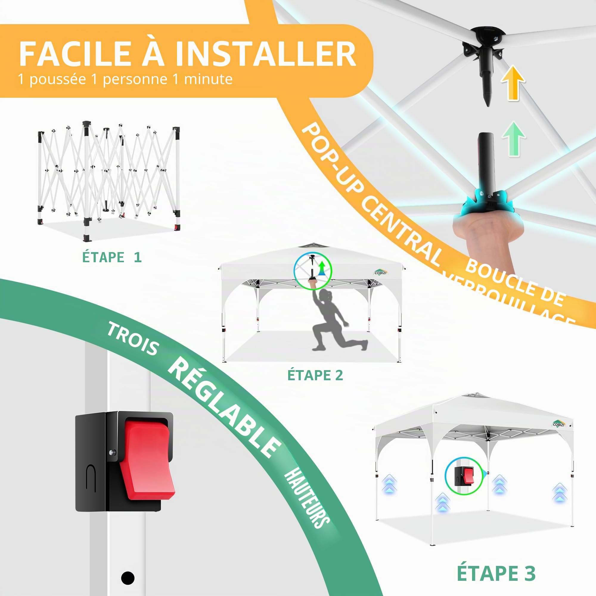 Cobizi Tonnelle Pliante 3x3 Imperméable Tonnelle De Jardin Exterieur,3 Panneaux Latéraux,Tonnelle Pliante Imperméable,Convient pour Le Camping, Les Festivals, Barnum avec 4 Sacs,Sable，Blanc