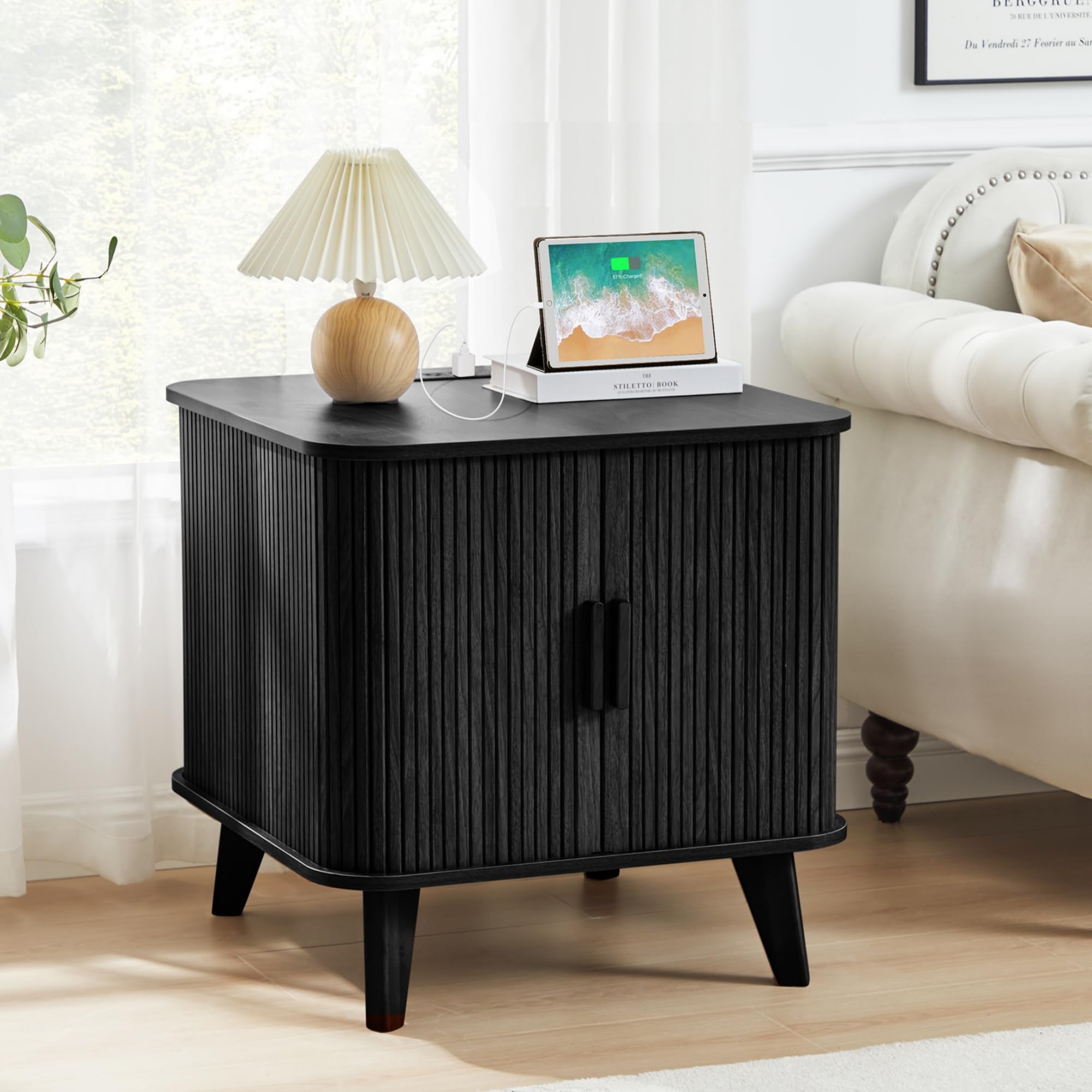 AVZEAR 24" Large Square End Table with Charging Station, Farmhouse Fluted Sofa Side Table with Sliding Tambour Door & Storage, Curved Rustic Wood