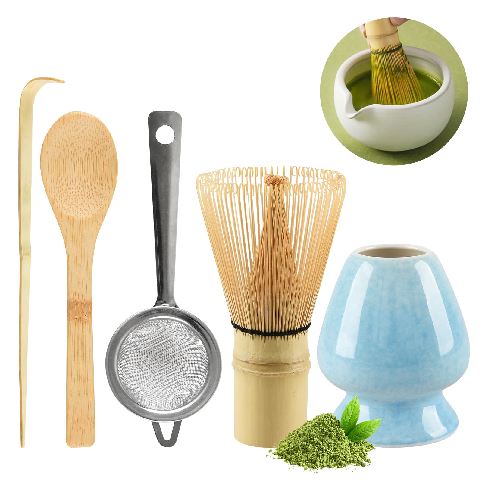 CHWNIBAY 5-Teiliges Matcha Set,Matcha Besen,Matcha Tee Set Einschließlich des Matcha Whisk,Matcha Sieb,Matcha Besen Halter,2 Matcha Löffel aus Bambus,Bestes Geschenk für Matcha-Liebhaber (Ofenblau)