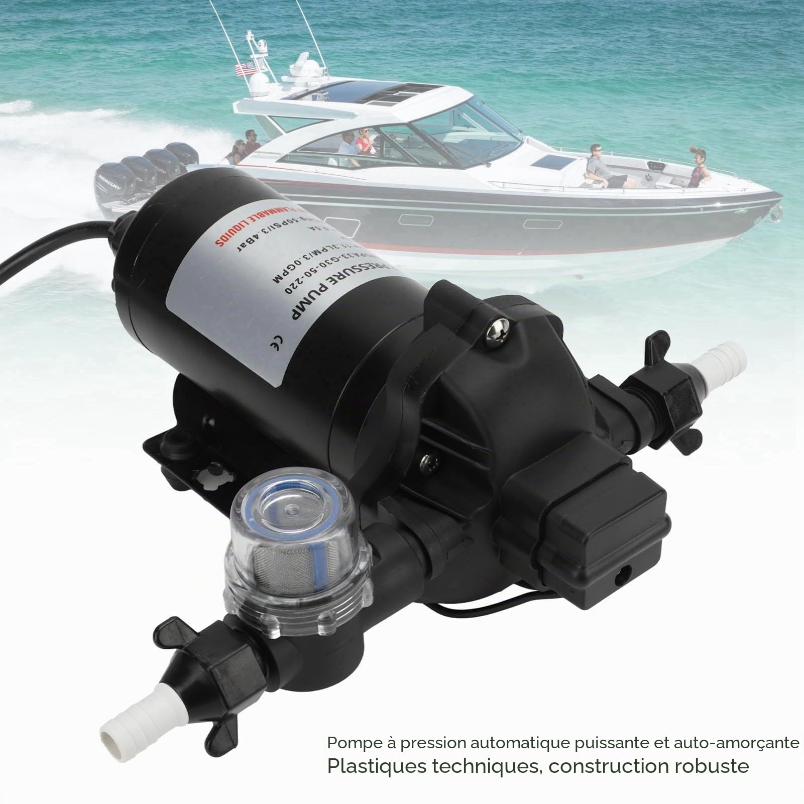 Pompe à diaphragme d'eau de 220 V, 11,3 LPM, 50 PSI, pompe à membrane de pression d'eau industrielle pour voiture, caravane, yacht, bateau marin